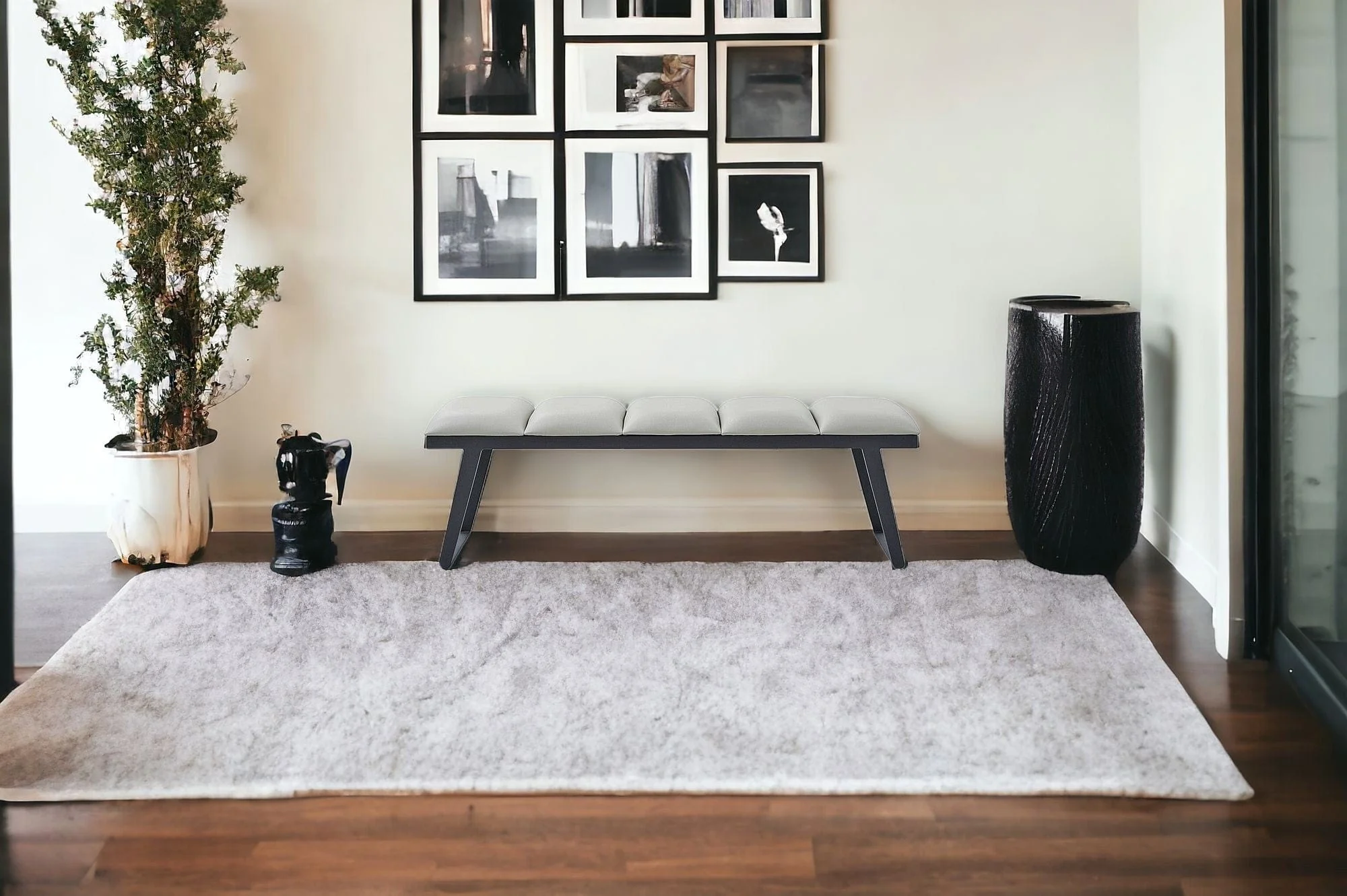 57" Light Gray and Black Upholstered Faux Leather Bench - Image 2