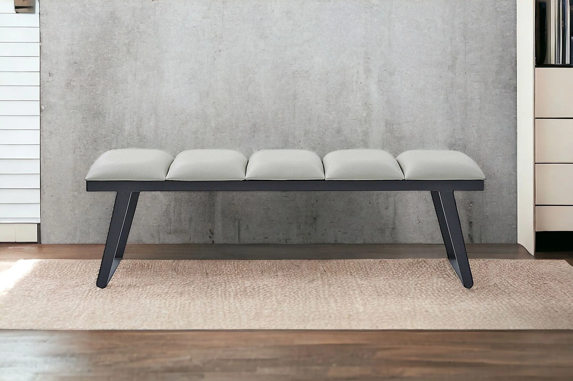 57" Light Gray and Black Upholstered Faux Leather Bench - Image 3