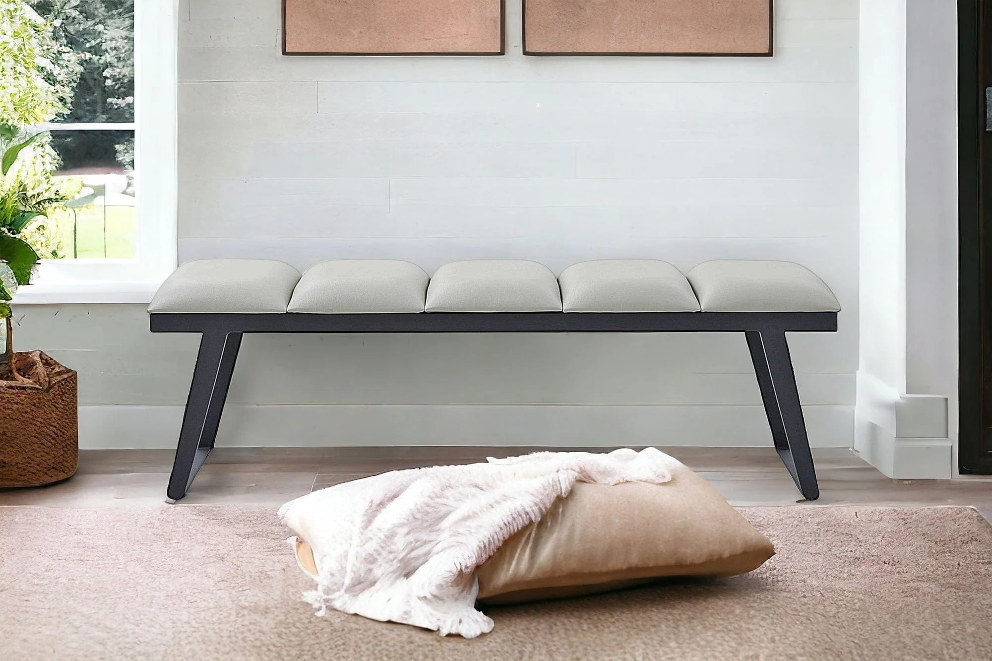 57" Light Gray and Black Upholstered Faux Leather Bench - Image 7