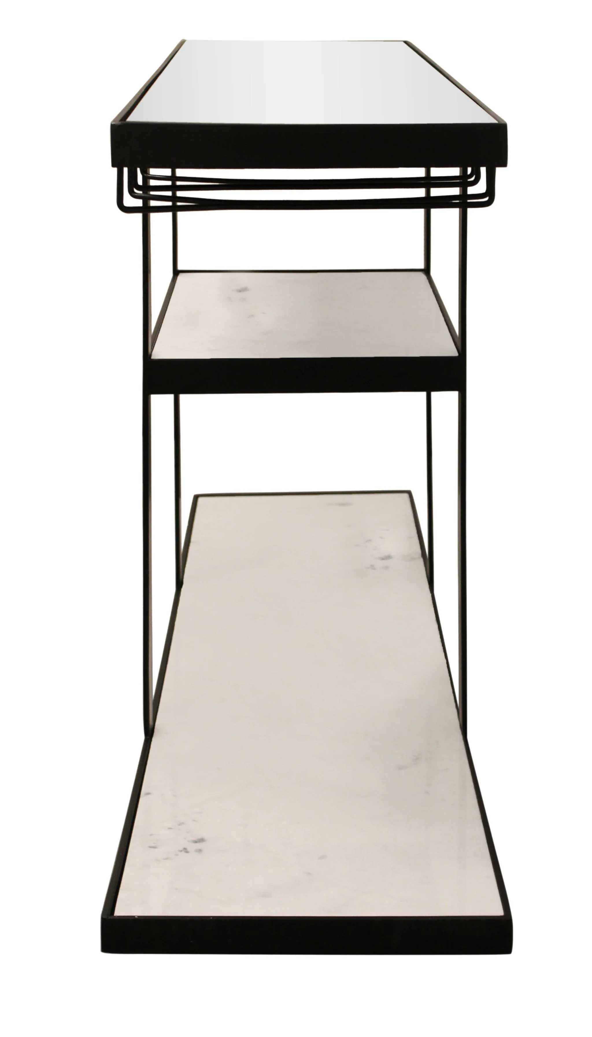 58" White and Black Glass Floor Shelf Console Table With Shelves - Image 3