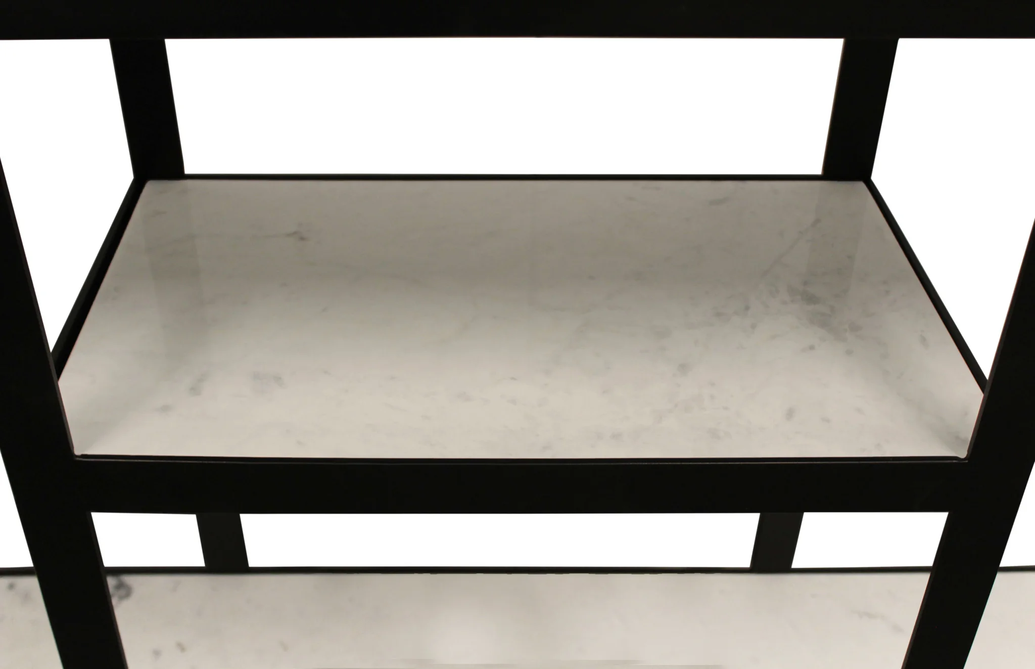 58" White and Black Glass Floor Shelf Console Table With Shelves - Image 6