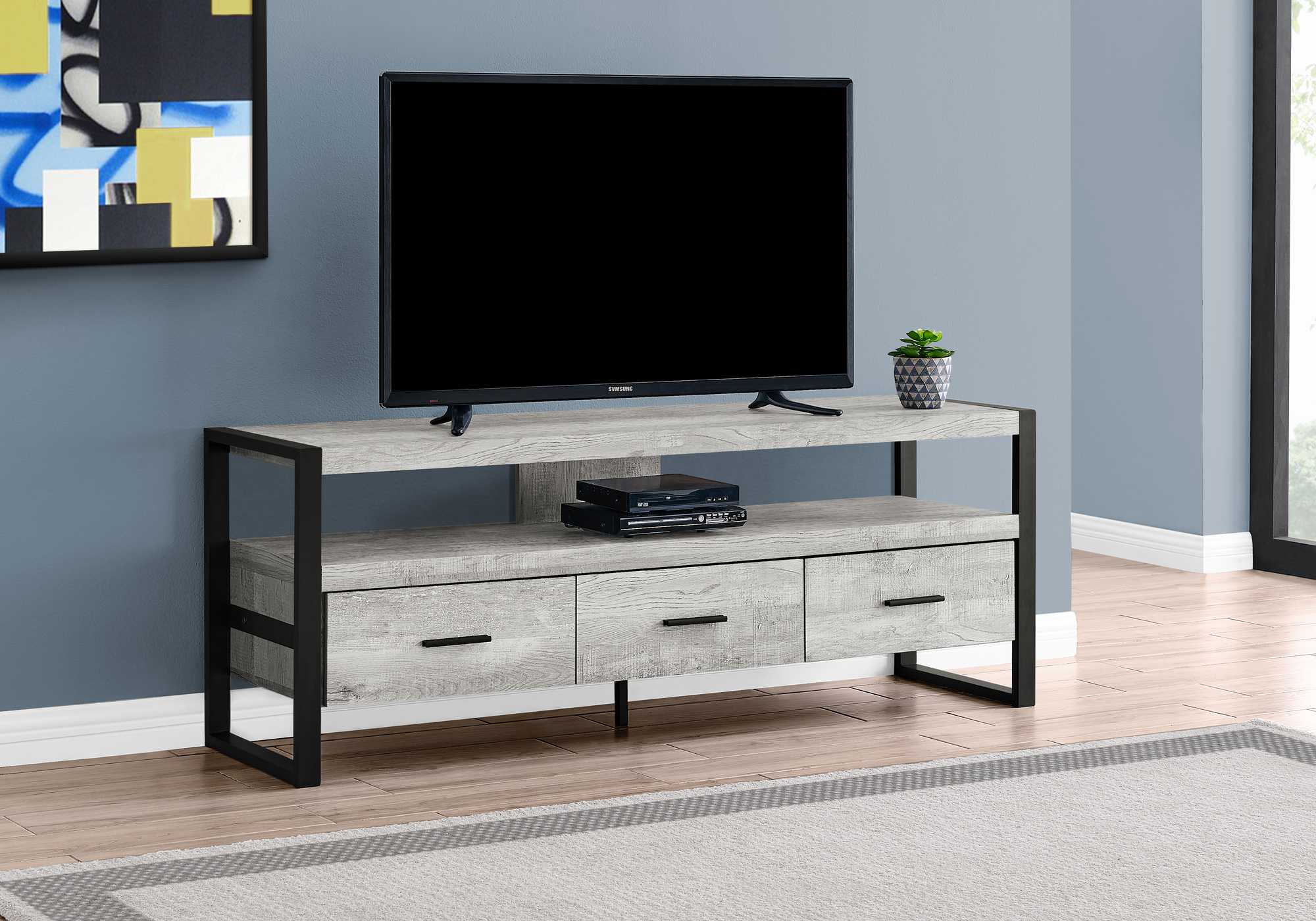 59" Black and Gray Cabinet Enclosed Storage TV Stand - Image 5