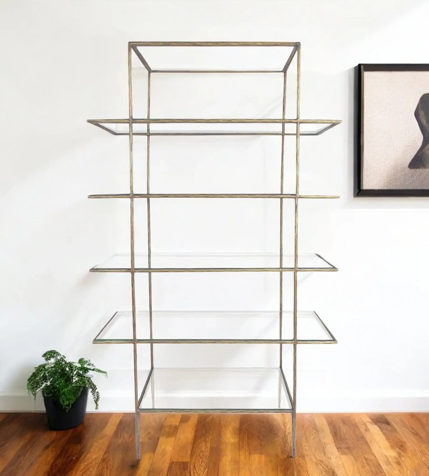 59" Brass Iron and Glass Five Tier Etagere Bookcase
