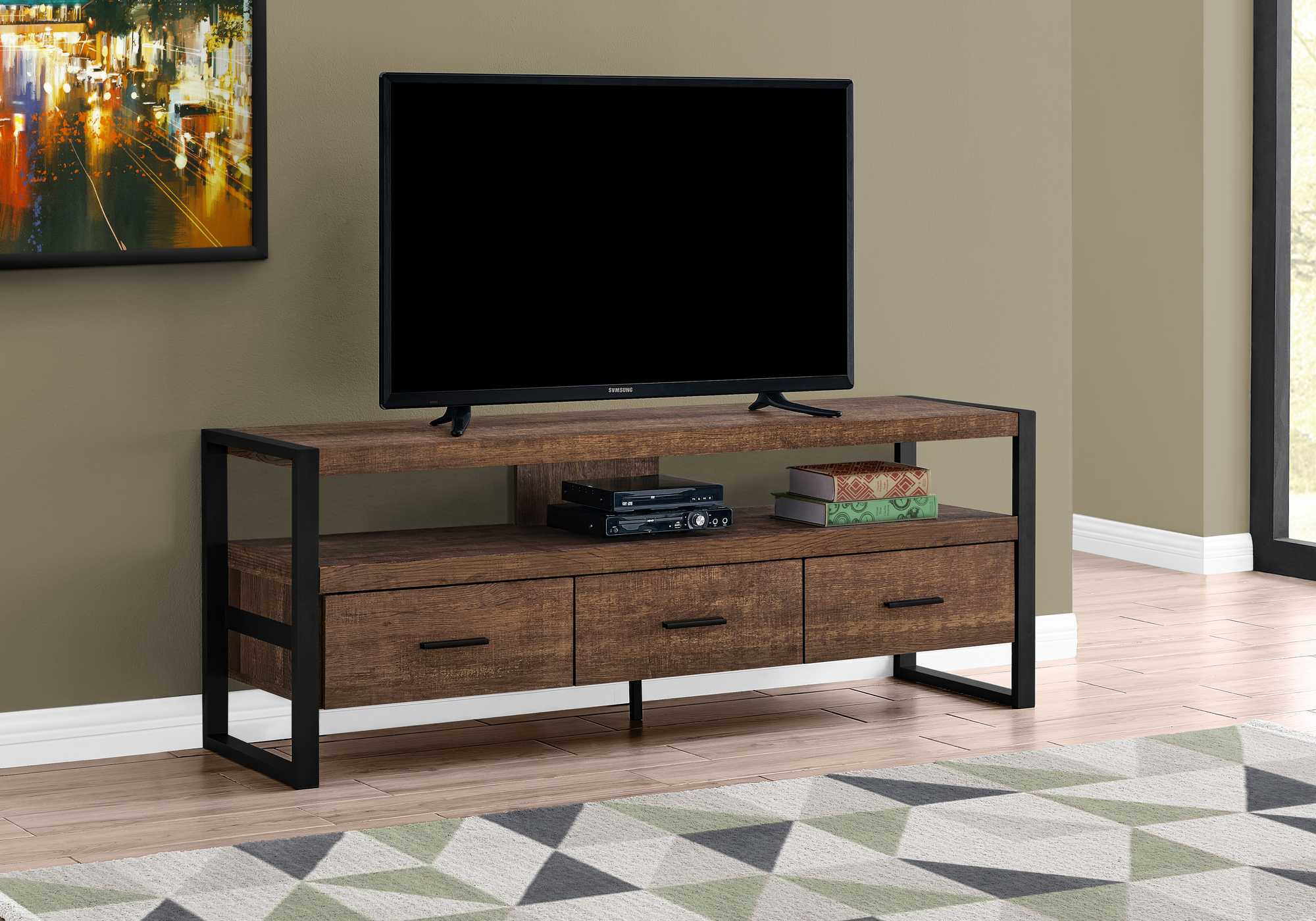 59" Brown and Black Cabinet Enclosed Storage TV Stand - Image 5