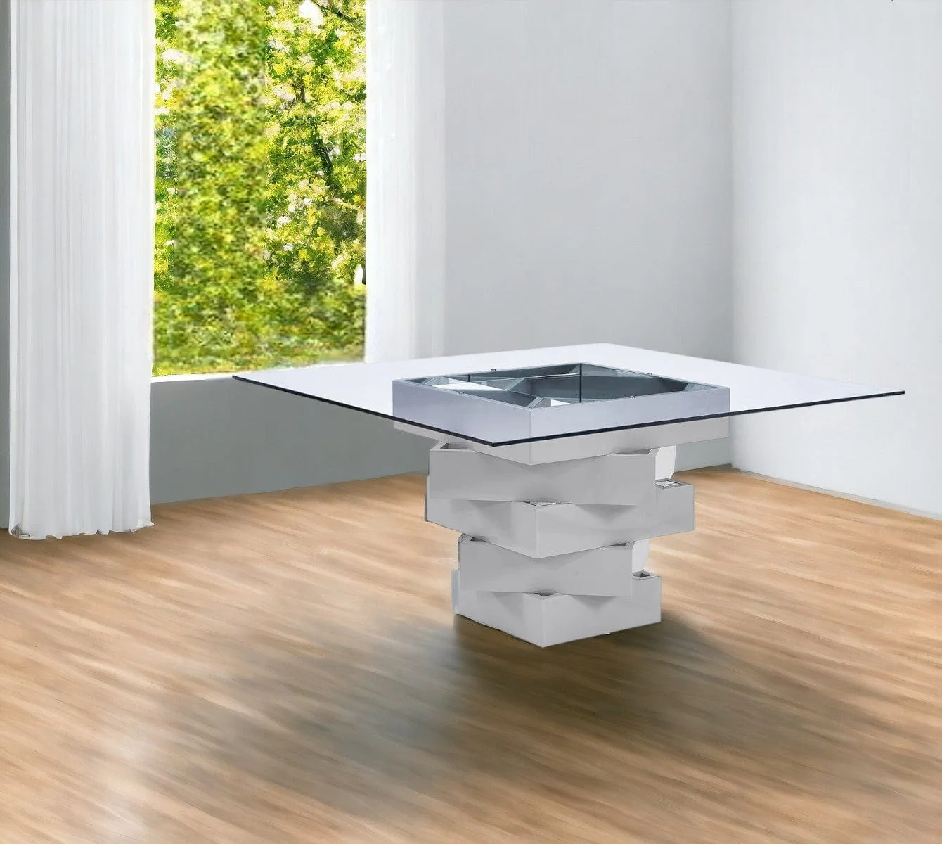 59" Clear And Gray Square Glass And Solid Wood Pedestal Base Dining Table - Image 2