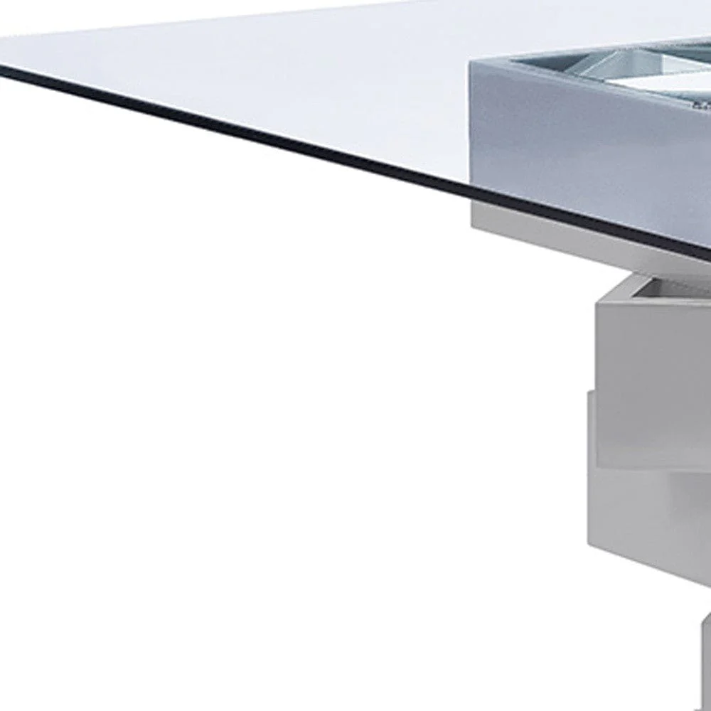 59" Clear And Gray Square Glass And Solid Wood Pedestal Base Dining Table - Image 4