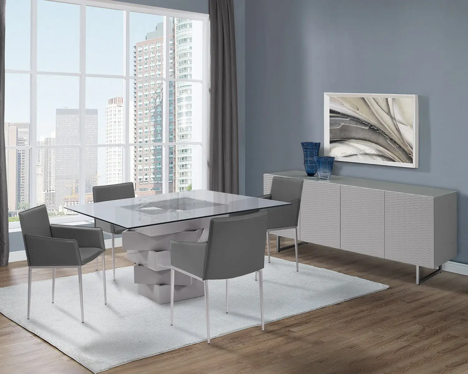 59" Clear And Gray Square Glass And Solid Wood Pedestal Base Dining Table - Image 6