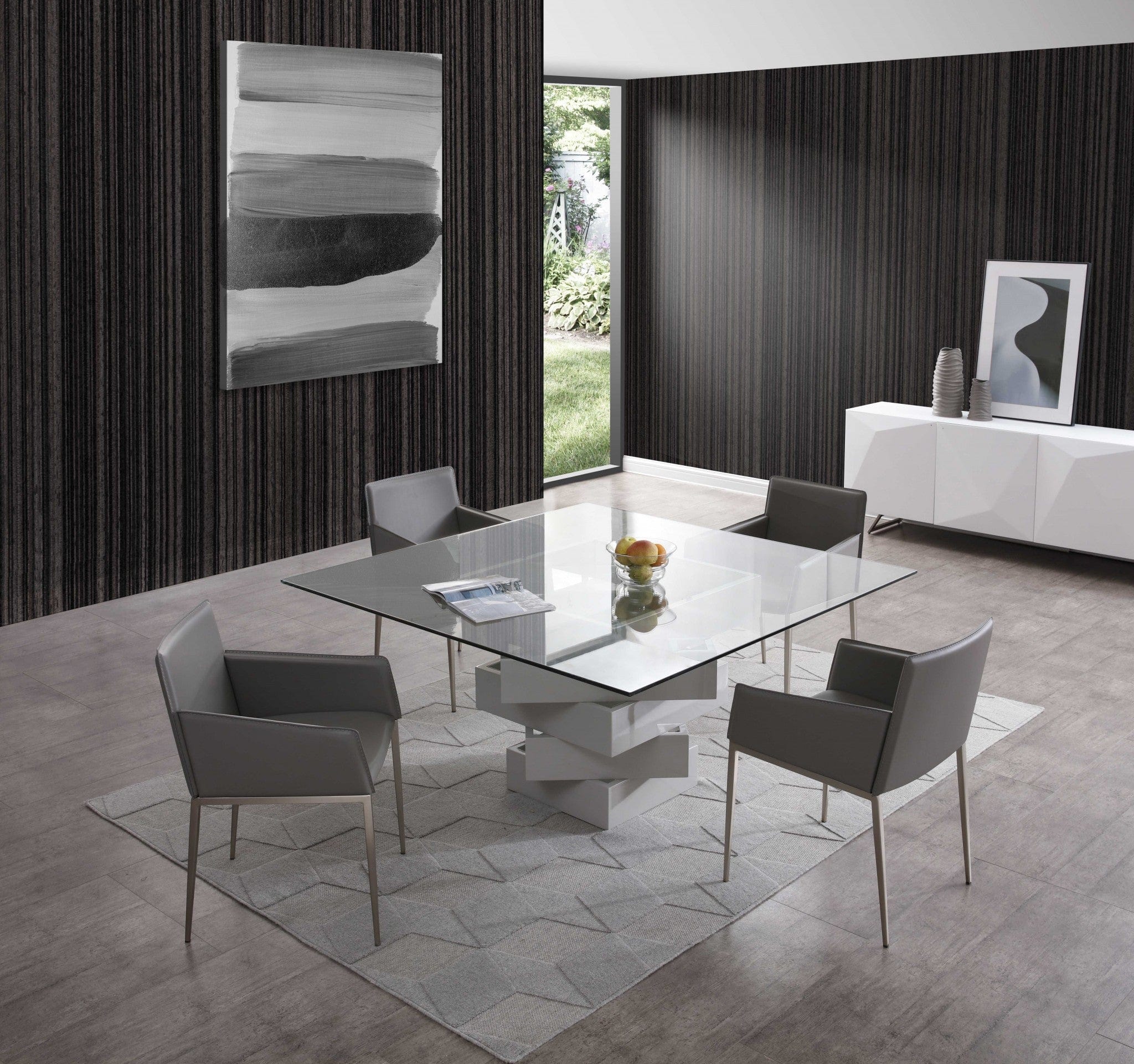 59" Clear And Gray Square Glass And Solid Wood Pedestal Base Dining Table - Image 7