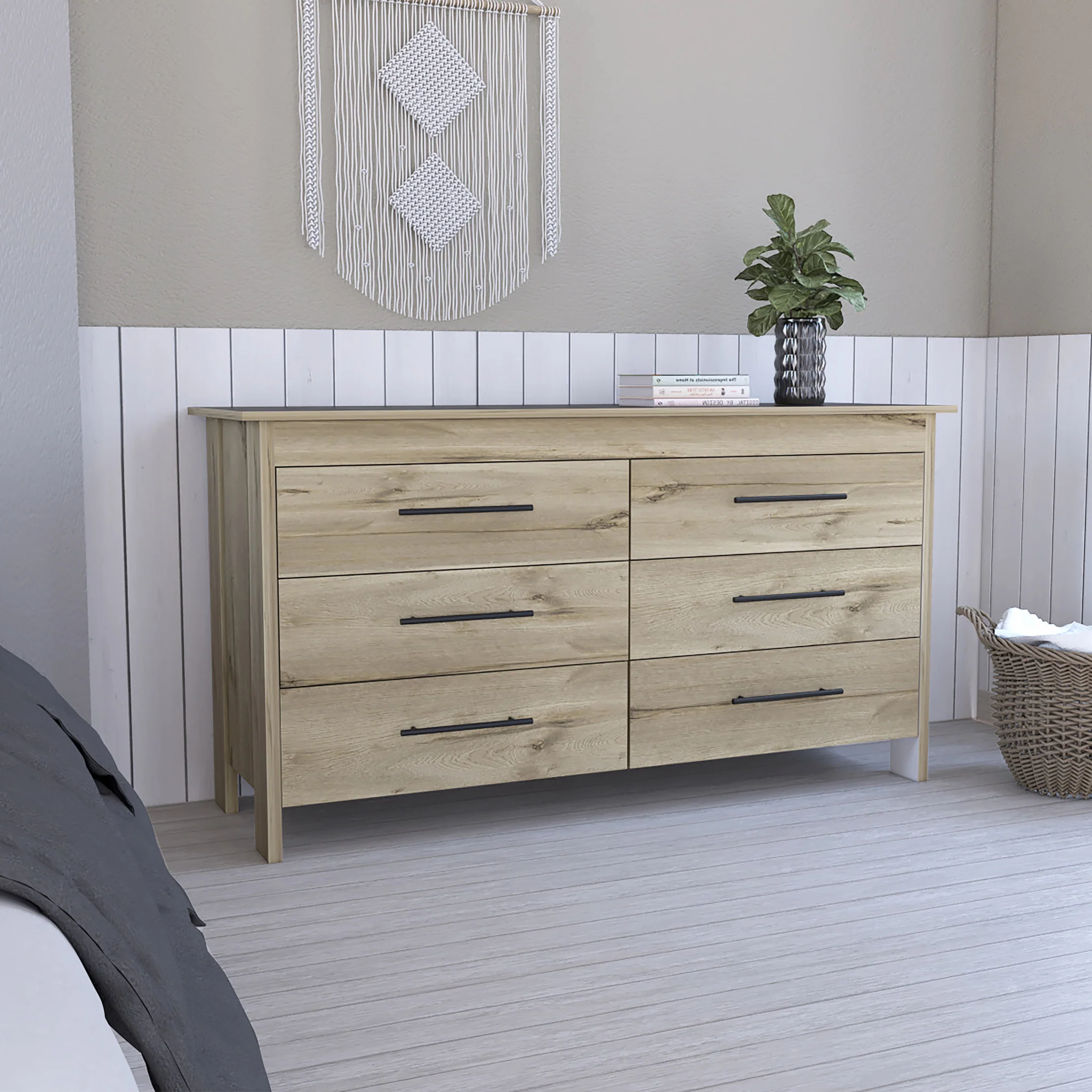 59" Natural and Black Six Drawer Double Dresser - Image 5