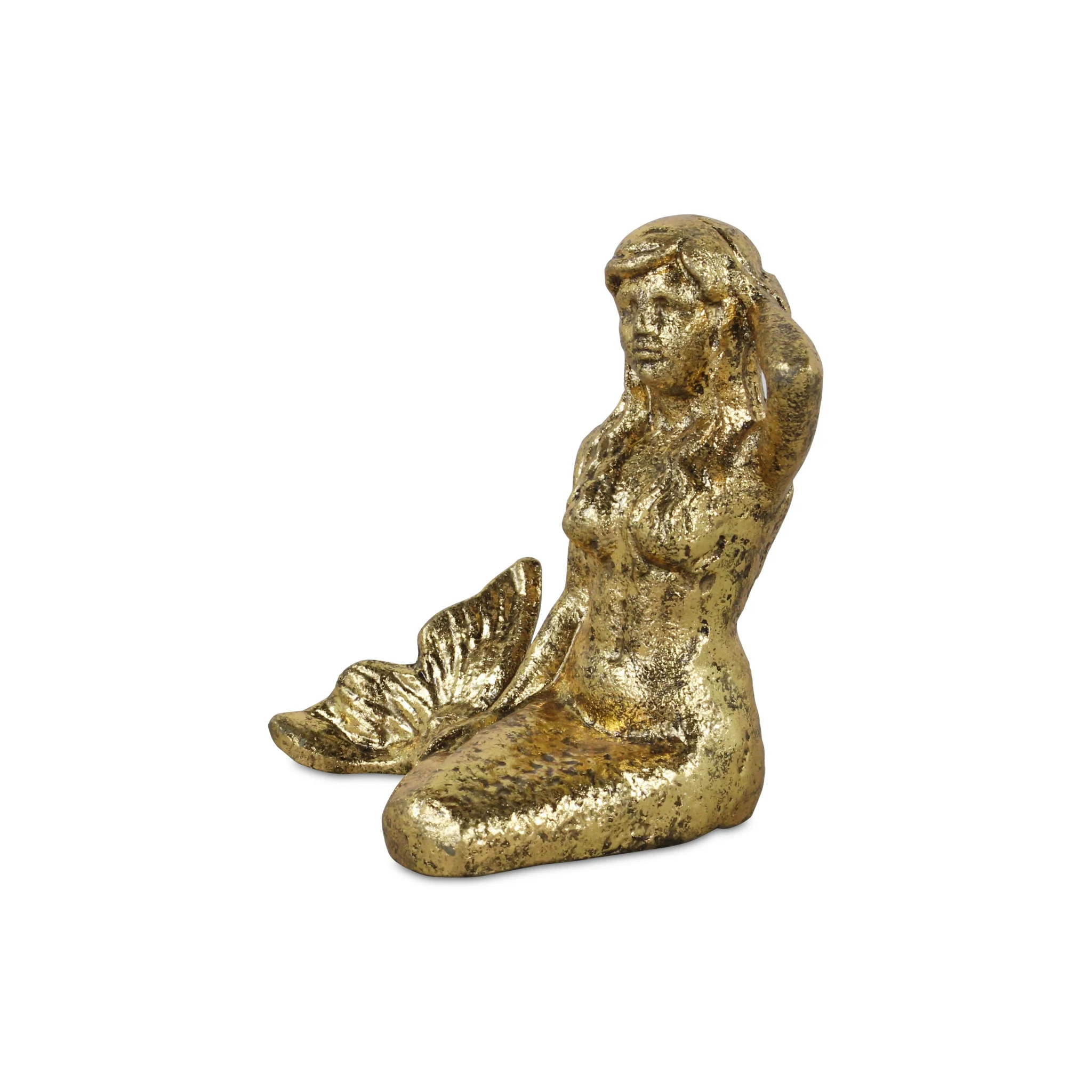 6" Antiqued Brass Cast Iron Mermaid Hand Painted Statue - Image 2