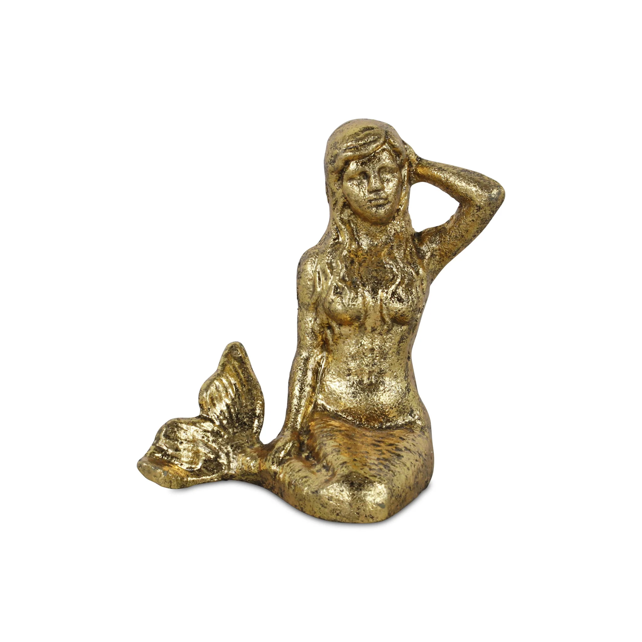 6" Antiqued Brass Cast Iron Mermaid Hand Painted Statue - Image 4
