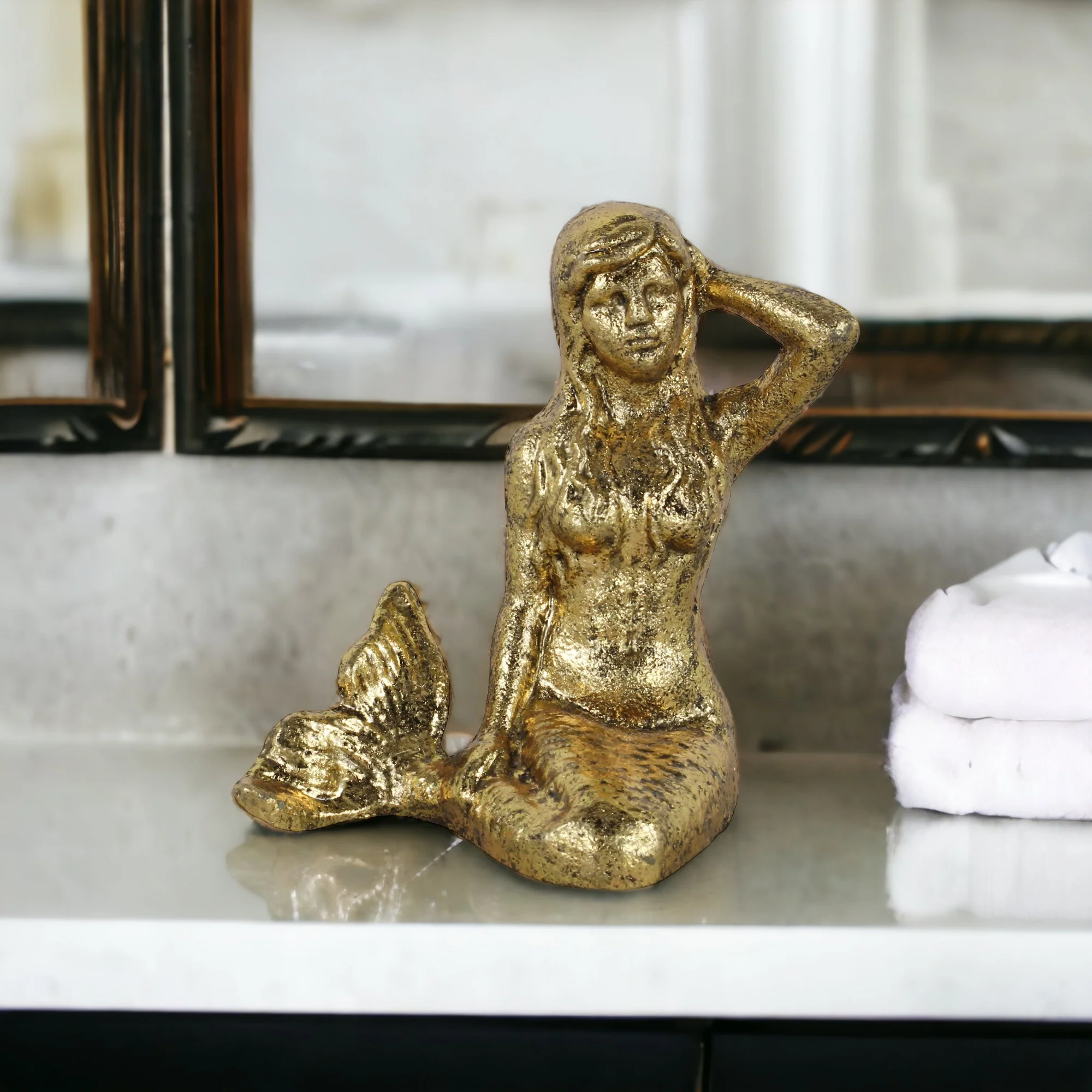 6" Antiqued Brass Cast Iron Mermaid Hand Painted Statue - Image 8