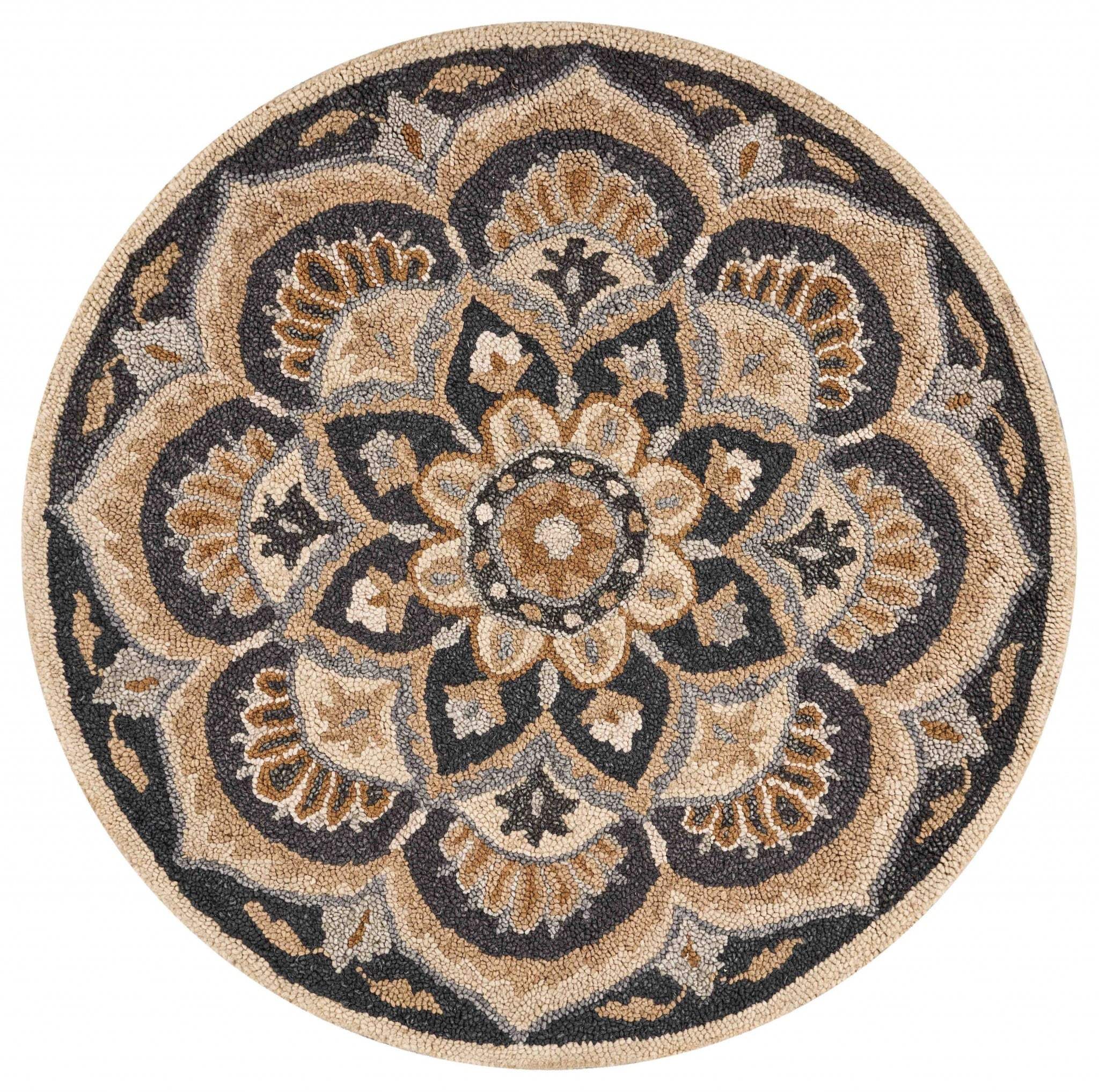 6' Black and Tan Round Wool Floral Medallion Hand Tufted Area Rug - Image 2
