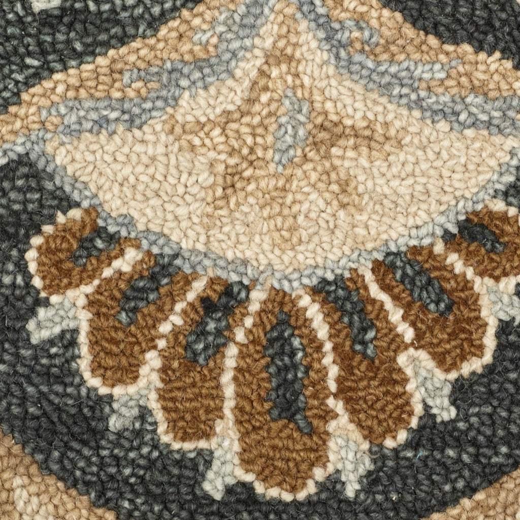 6' Black and Tan Round Wool Floral Medallion Hand Tufted Area Rug - Image 6
