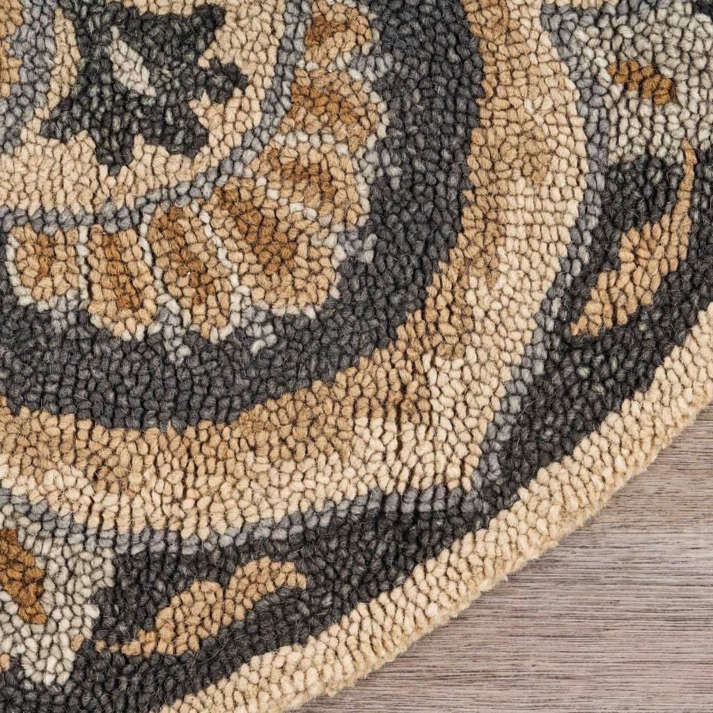 6' Black and Tan Round Wool Floral Medallion Hand Tufted Area Rug - Image 7