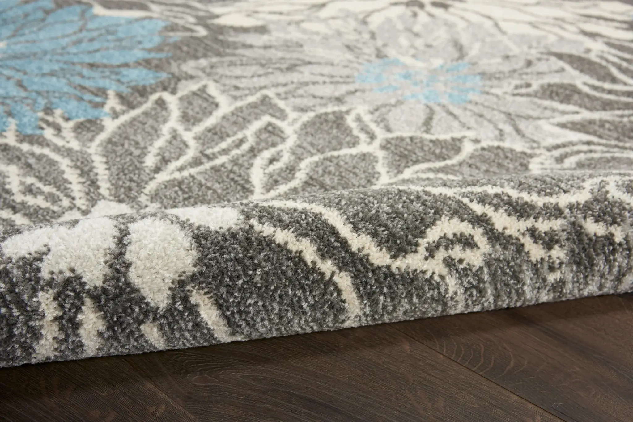6' Blue And Gray Floral Power Loom Runner Rug - Image 7