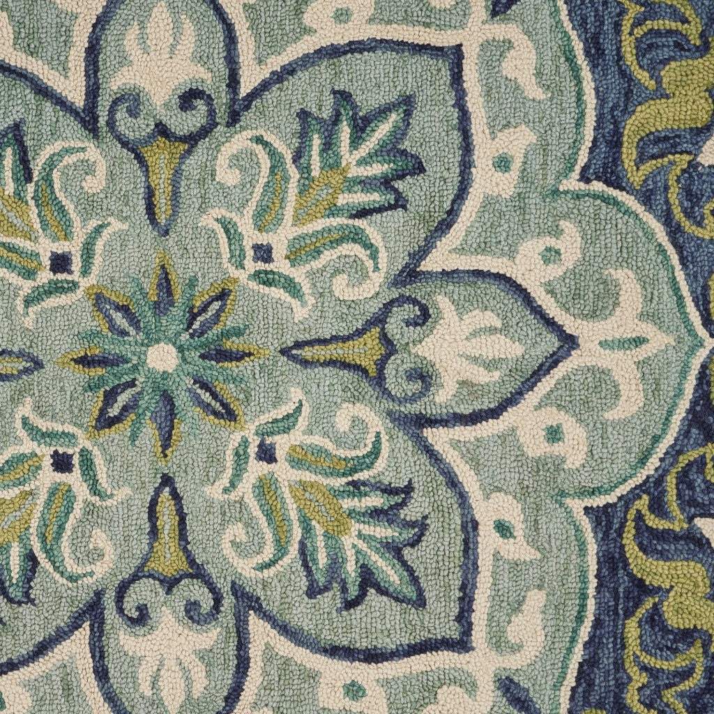 6' Blue And Green Round Wool Geometric Hand Tufted Area Rug - Image 2