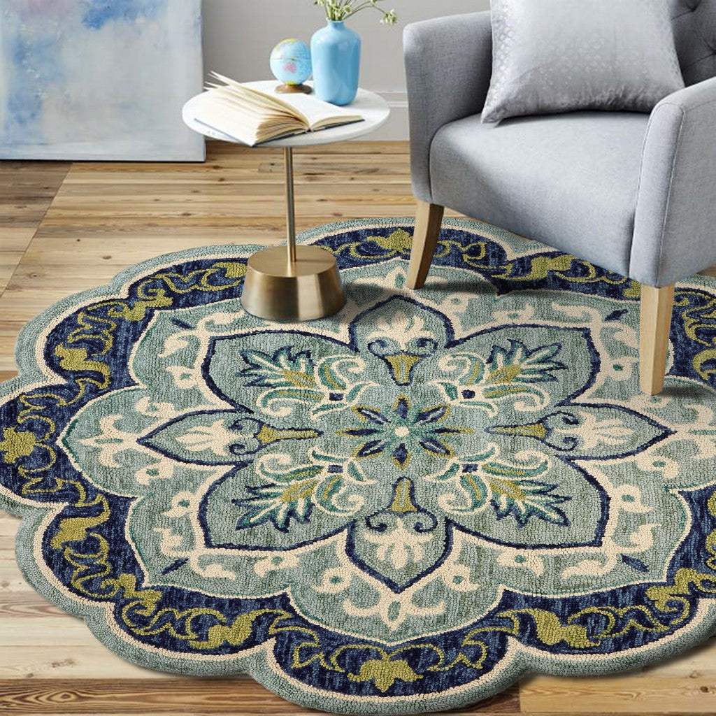 6' Blue And Green Round Wool Geometric Hand Tufted Area Rug - Image 7