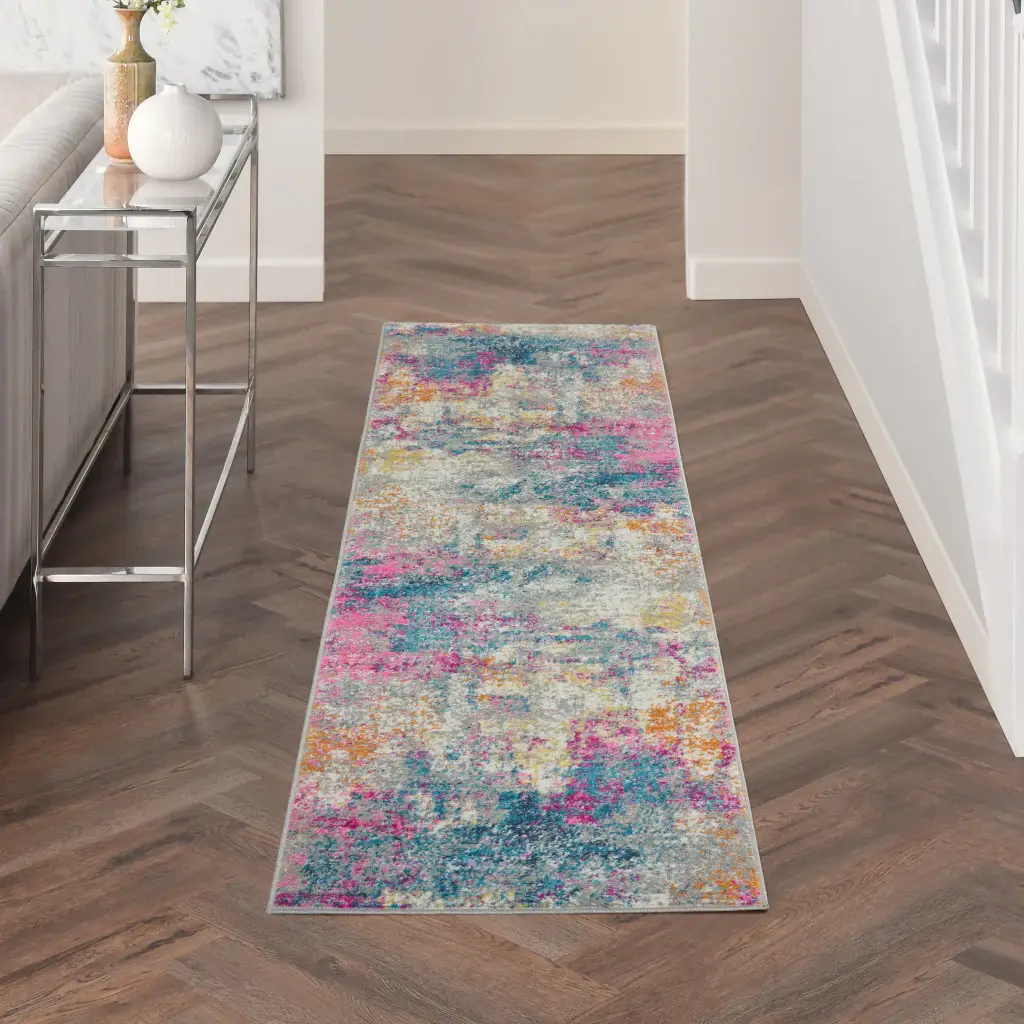 6' Blue And Pink Abstract Power Loom Runner Rug - Image 5