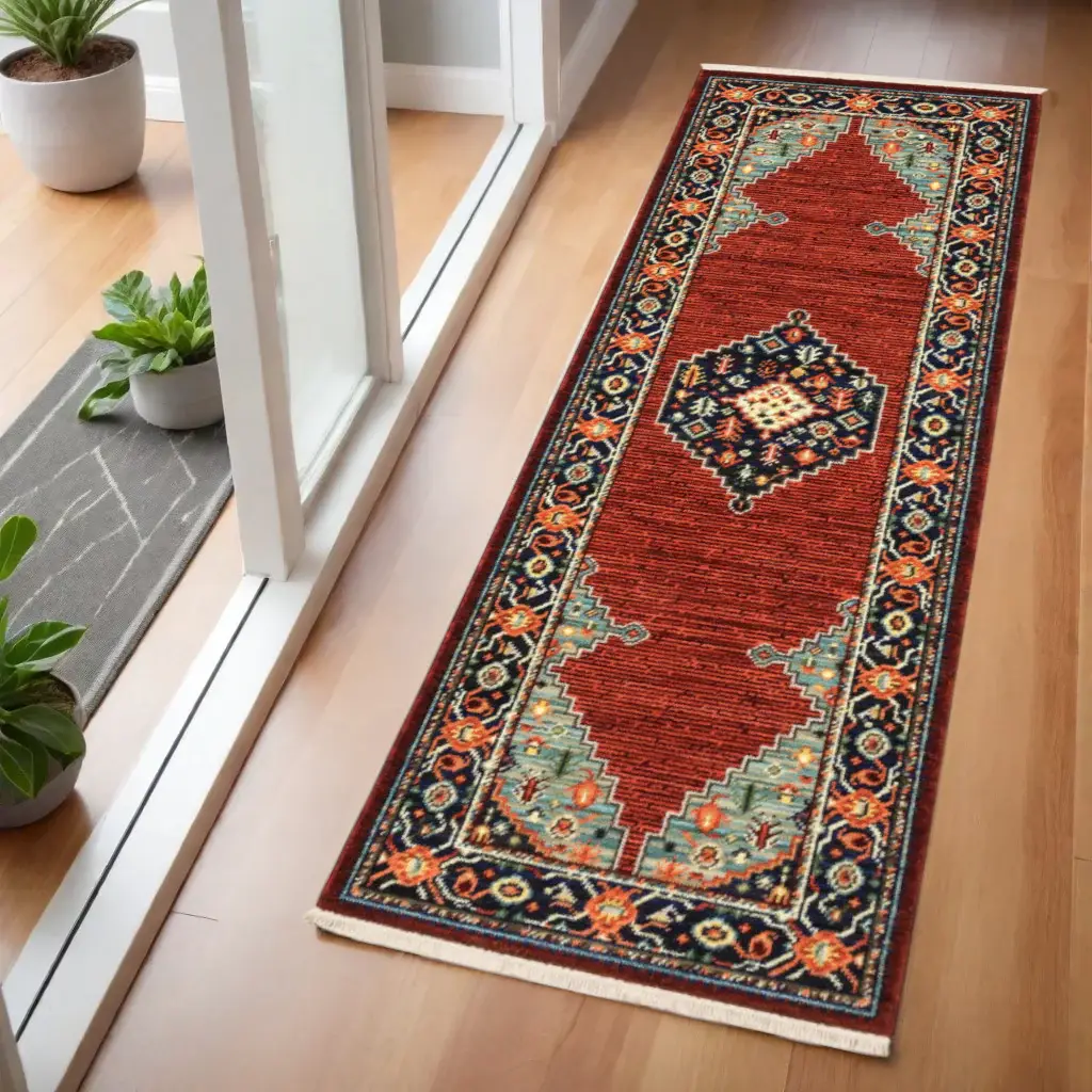 6' Blue and Red Medallion Power Loom Runner Rug