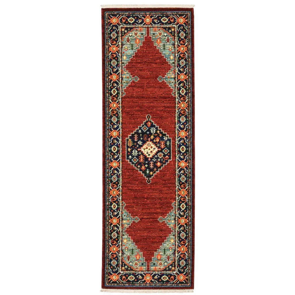 6' Blue and Red Medallion Power Loom Runner Rug - Image 2