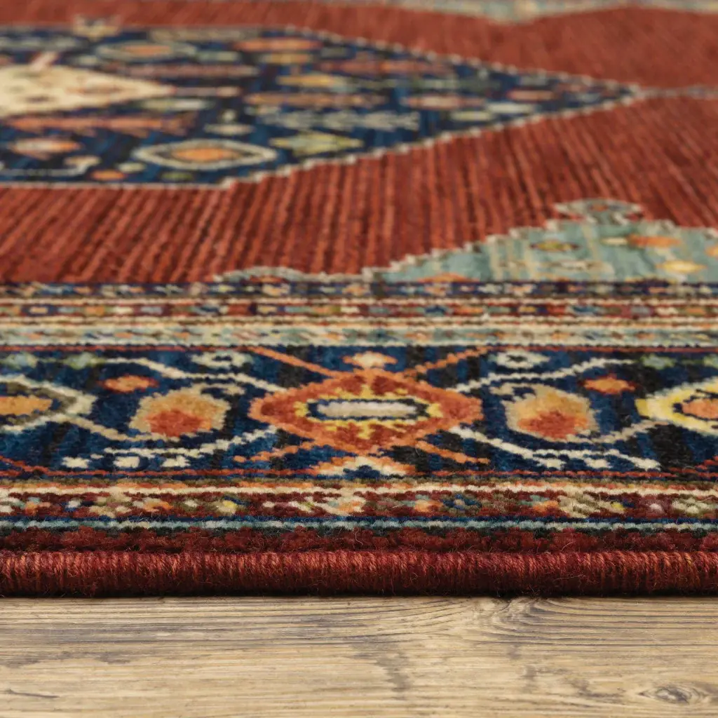 6' Blue and Red Medallion Power Loom Runner Rug - Image 4