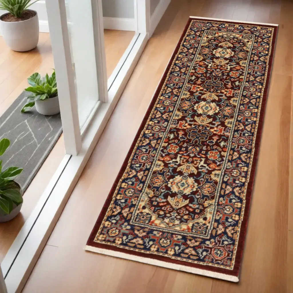 6' Blue and Red Oriental Power Loom Runner Rug