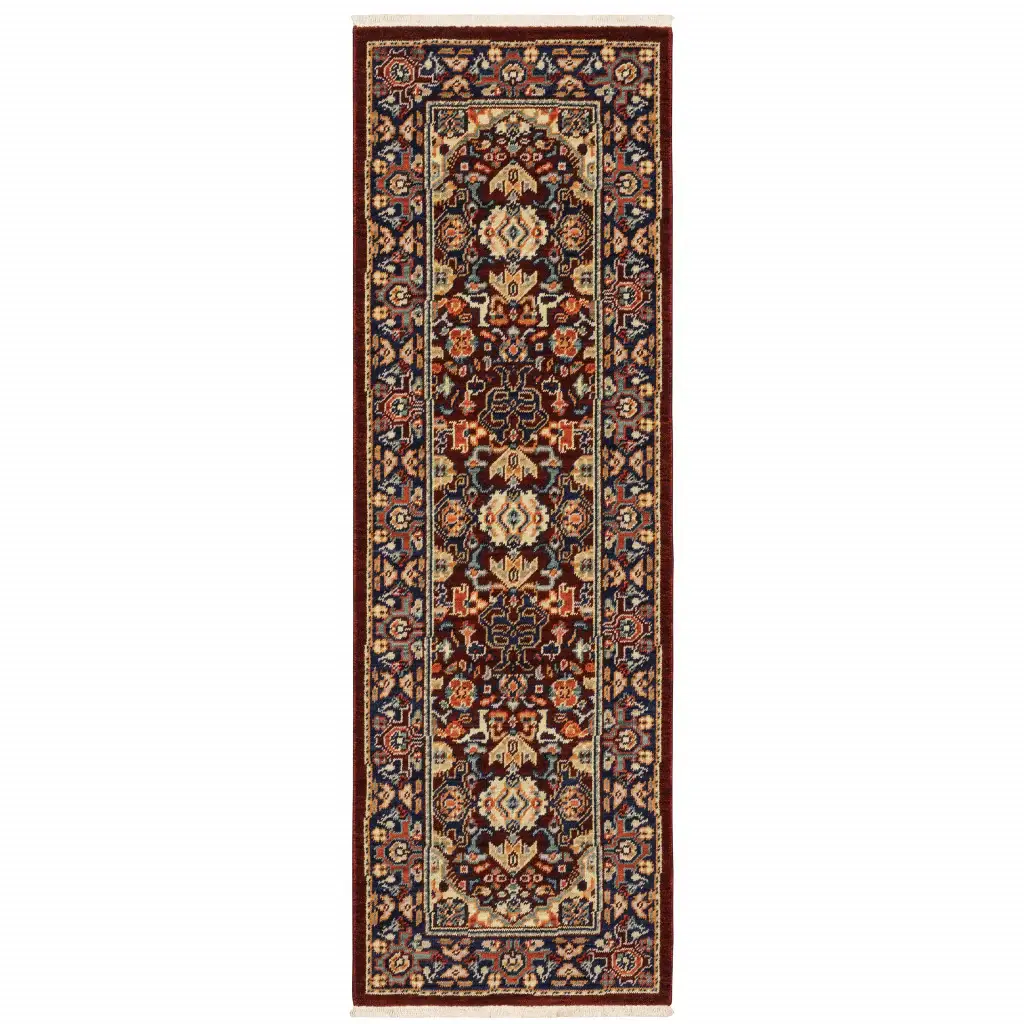 6' Blue and Red Oriental Power Loom Runner Rug - Image 2