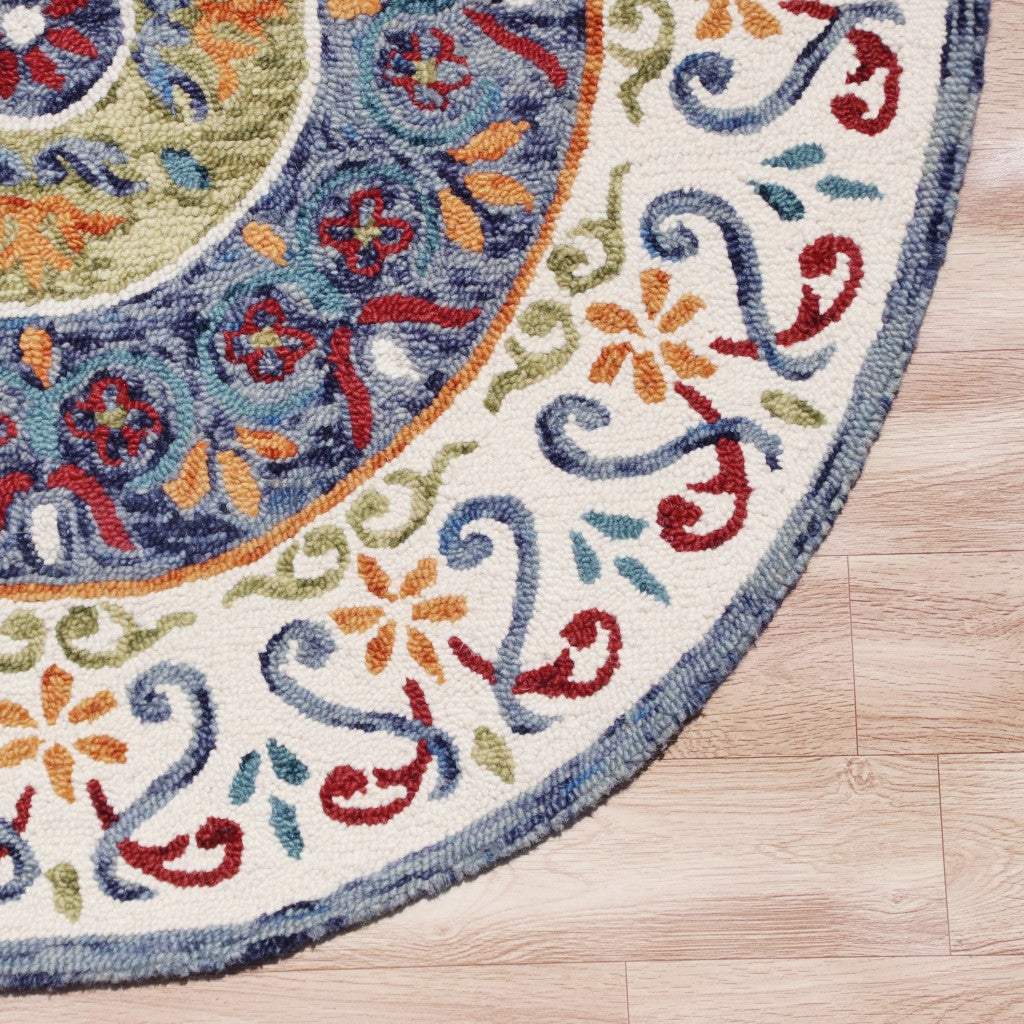 6' Blue And White Round Wool Hand Tufted Area Rug - Image 3