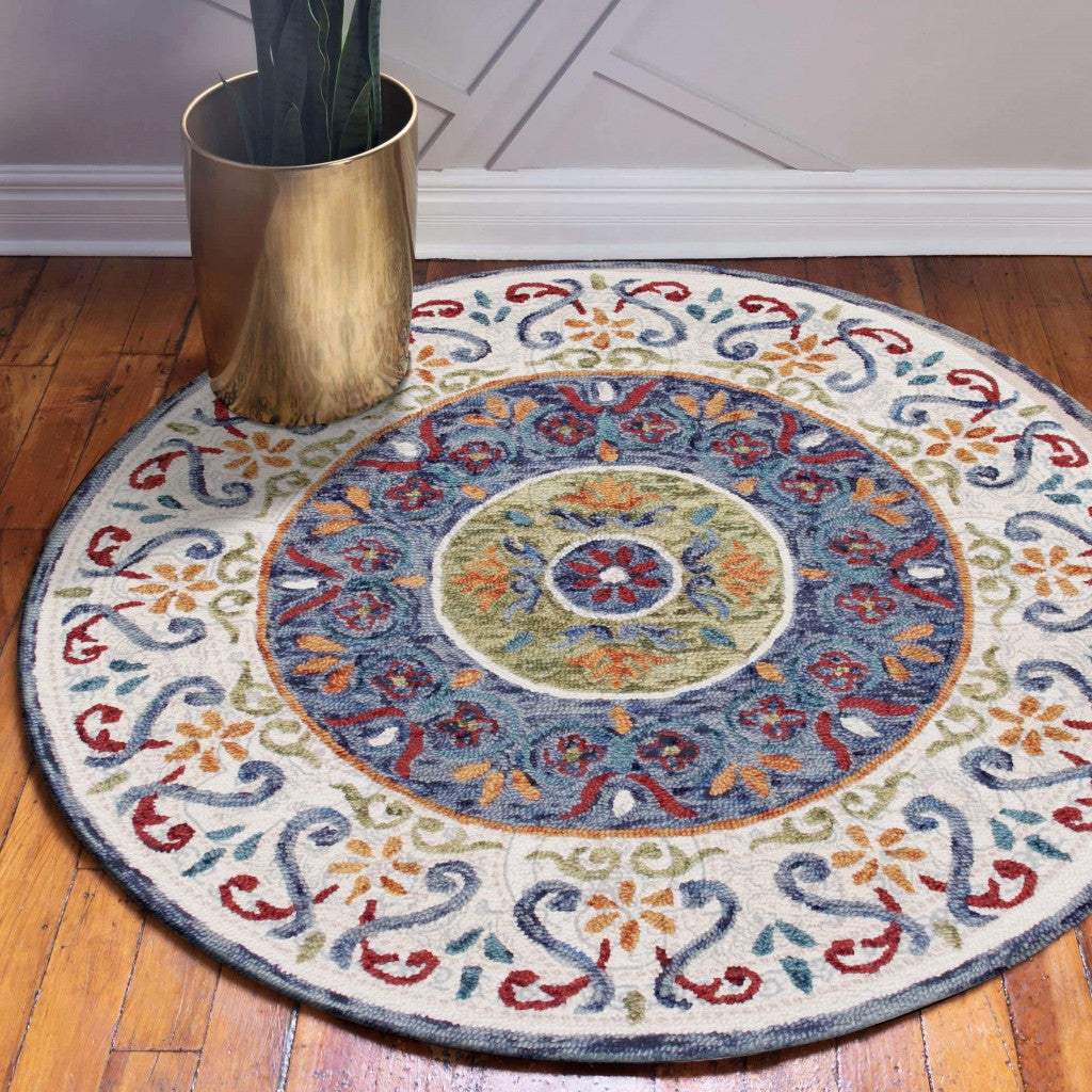 6' Blue And White Round Wool Hand Tufted Area Rug - Image 6