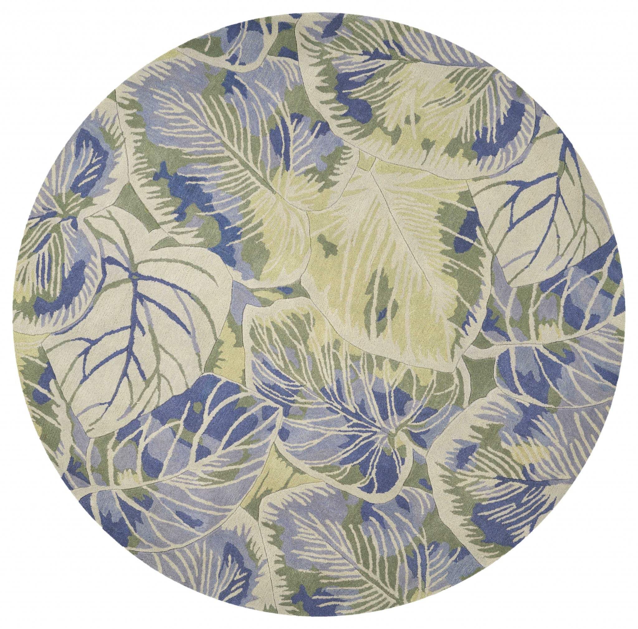 6' Blue Green Hand Tufted Tropical Leaves Round Indoor Area Rug - Image 2