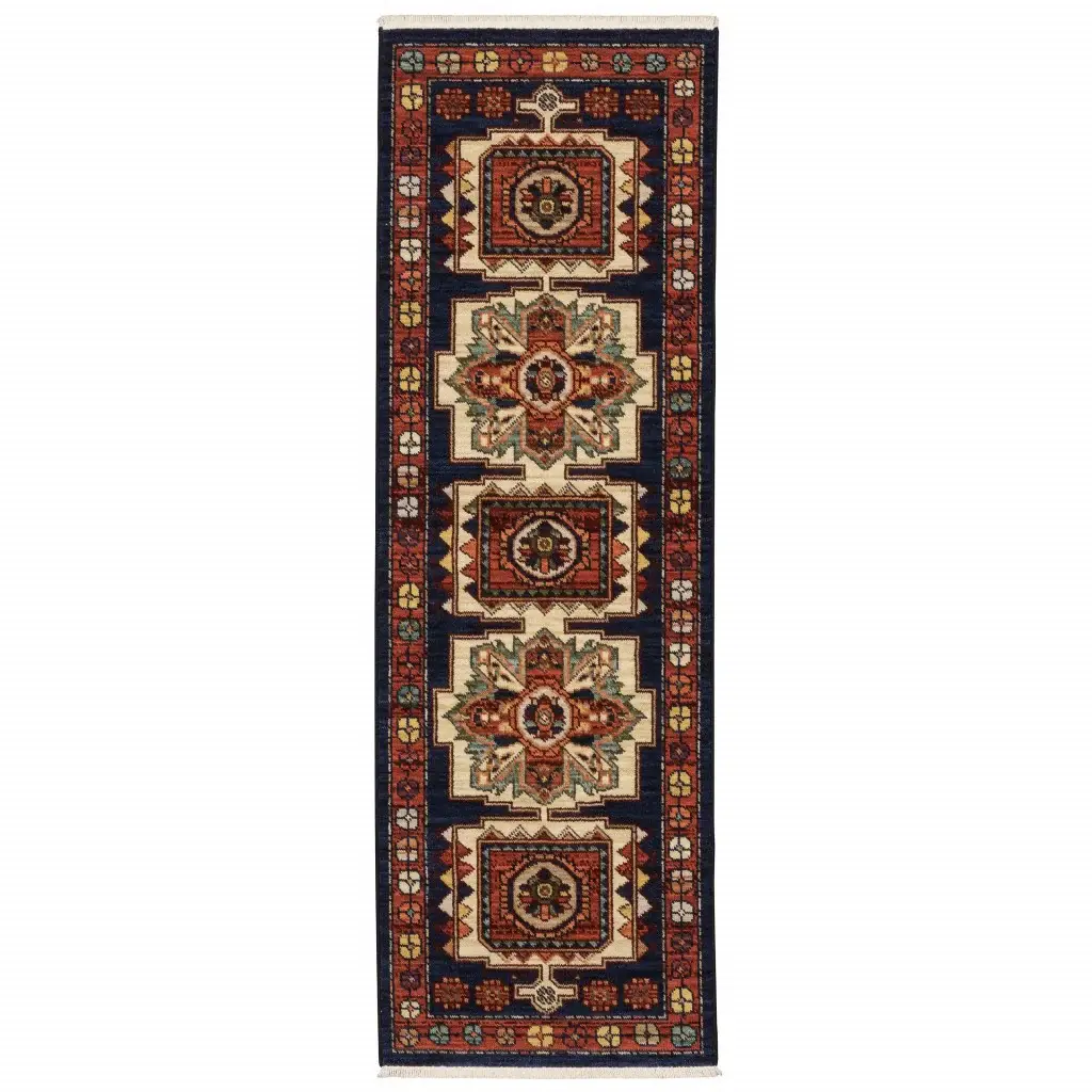 6' Blue Red Machine Woven Medallions Indoor Runner Rug - Image 3