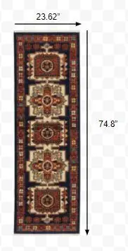 6' Blue Red Machine Woven Medallions Indoor Runner Rug - Image 4