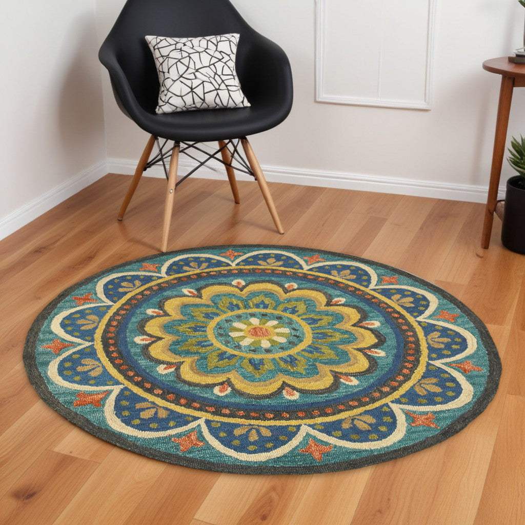 6' Blue Round Wool Geometric Hand Tufted Area Rug