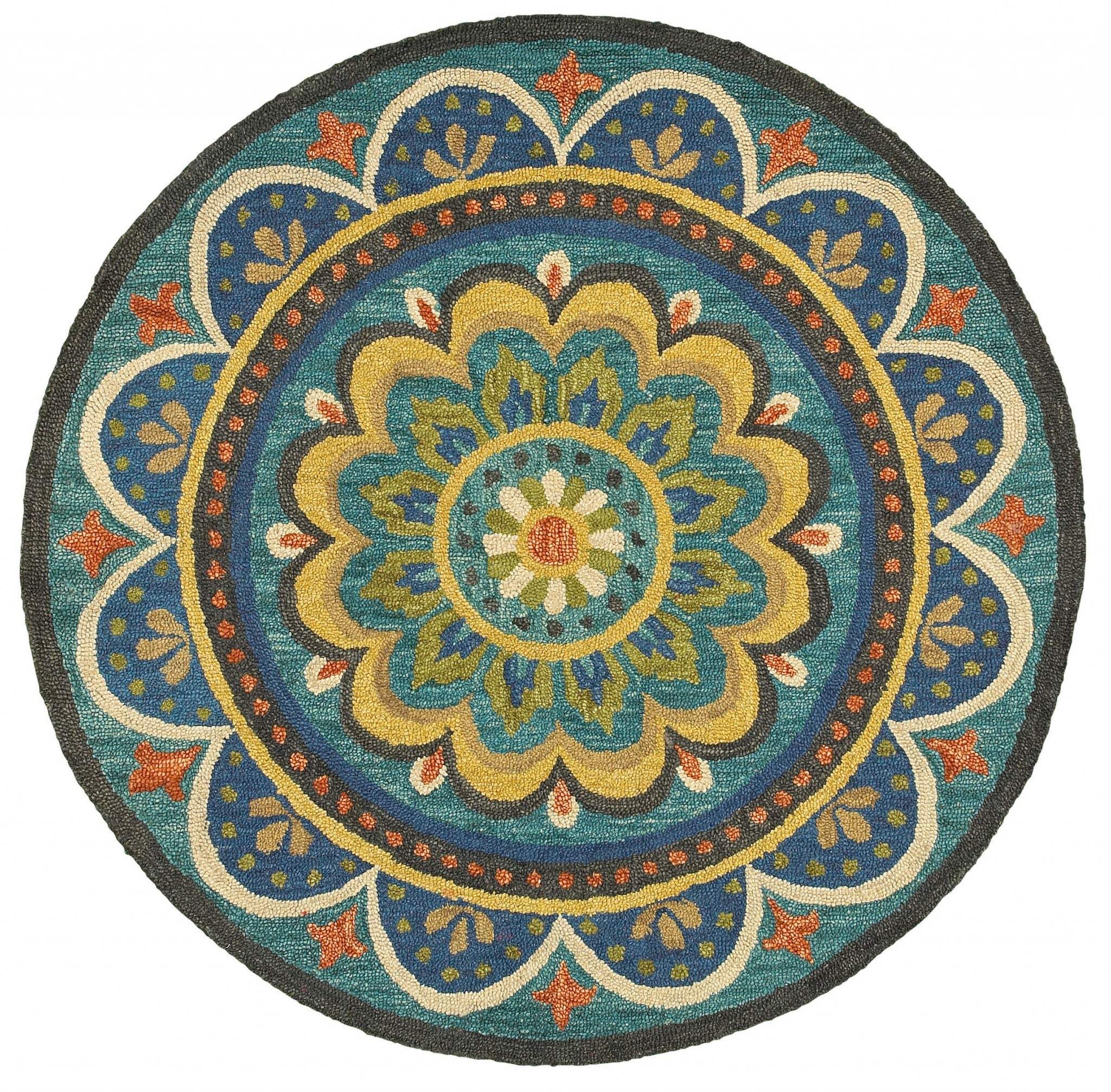 6' Blue Round Wool Geometric Hand Tufted Area Rug - Image 2