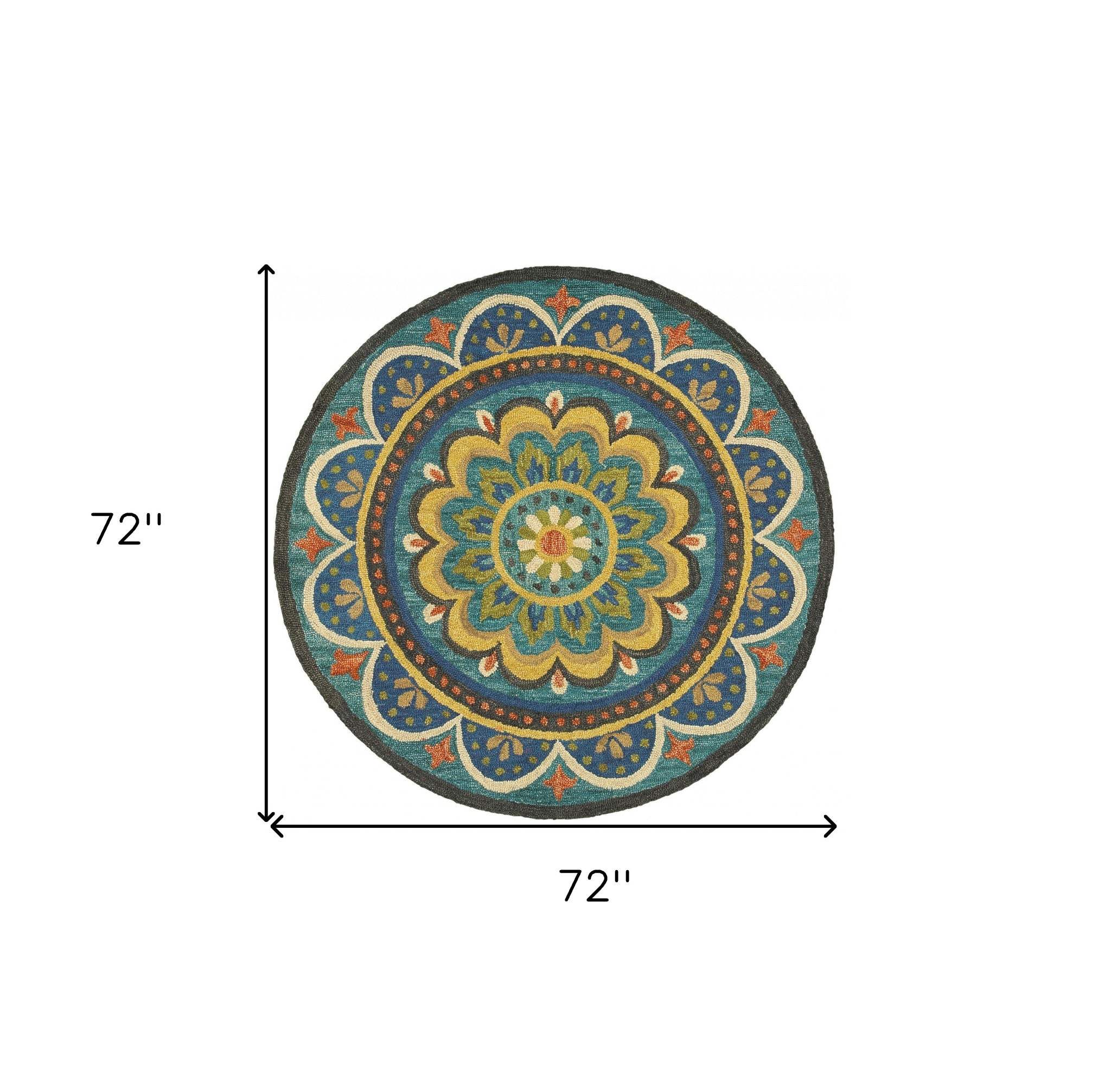 6' Blue Round Wool Geometric Hand Tufted Area Rug - Image 3