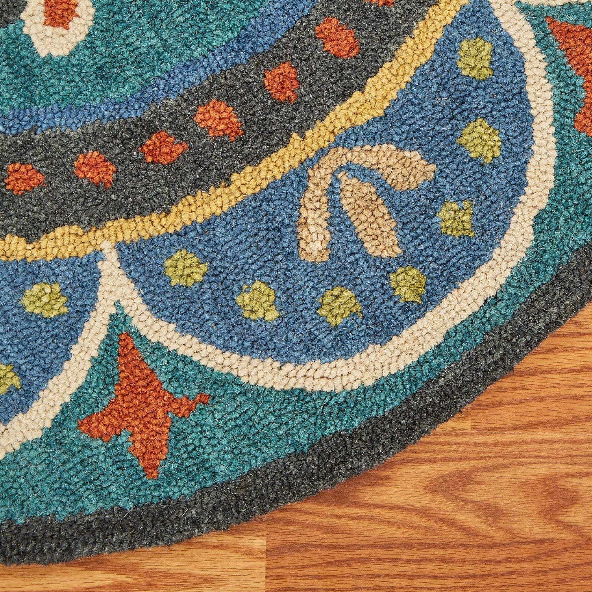 6' Blue Round Wool Geometric Hand Tufted Area Rug - Image 6