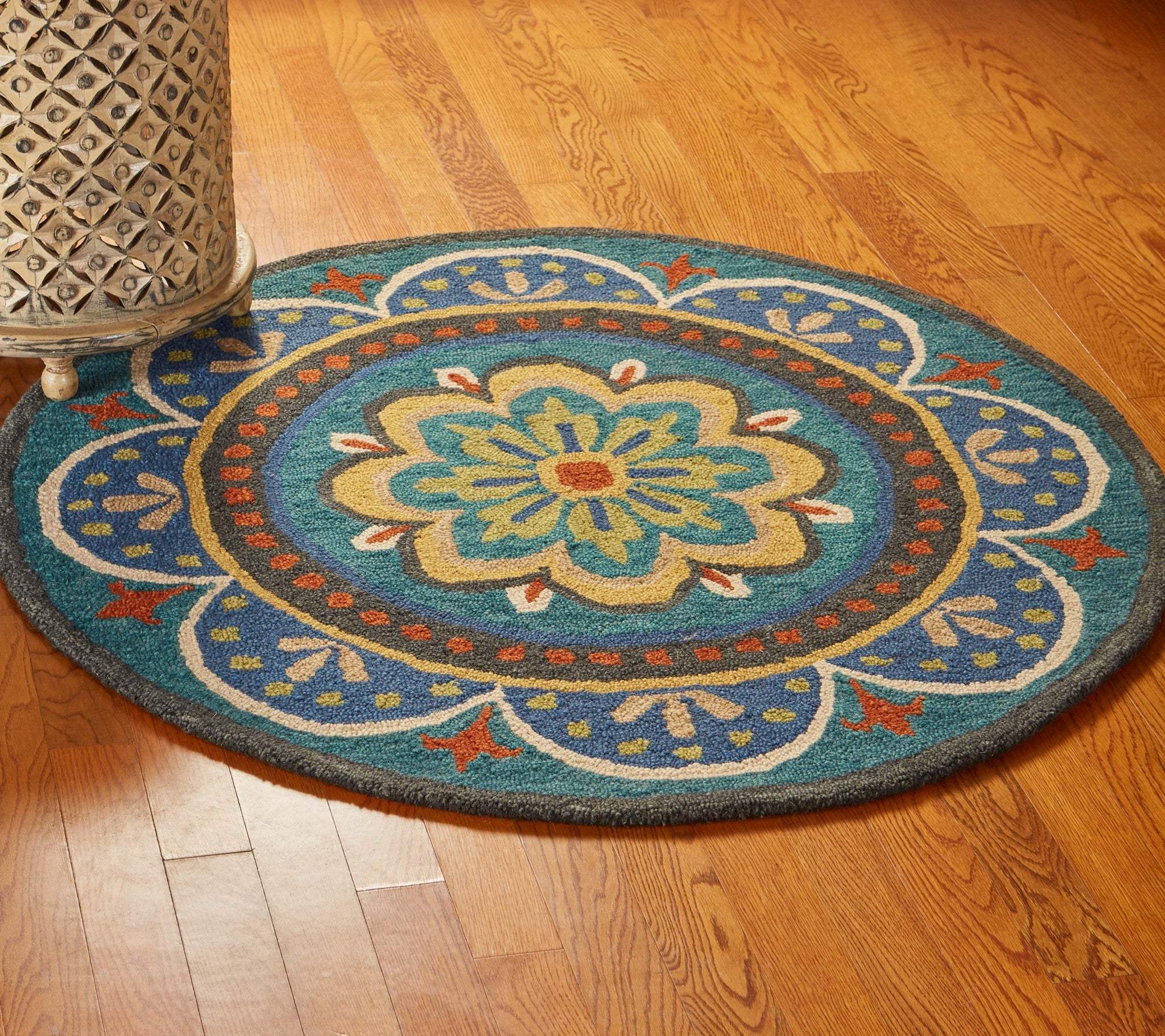 6' Blue Round Wool Geometric Hand Tufted Area Rug - Image 7