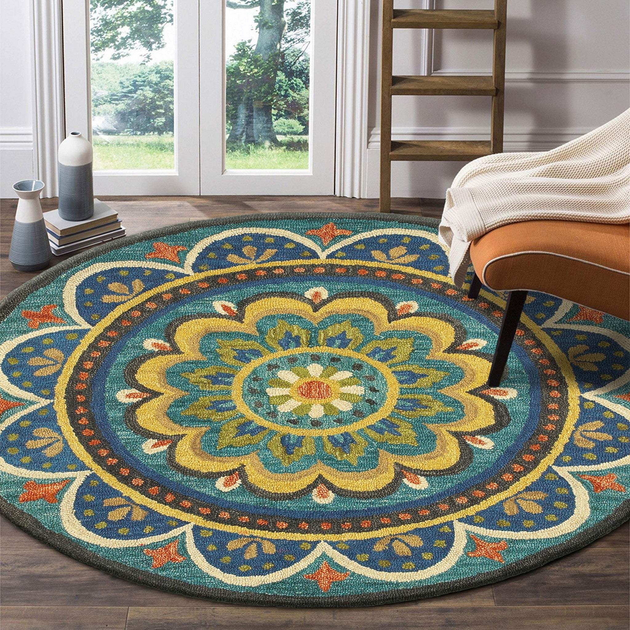 6' Blue Round Wool Geometric Hand Tufted Area Rug - Image 8