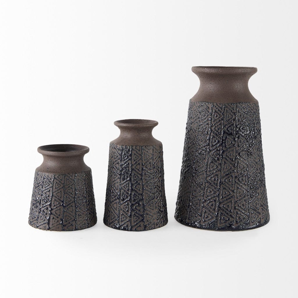 6" Brown and Blue Tribal Ceramic Vase - Image 2