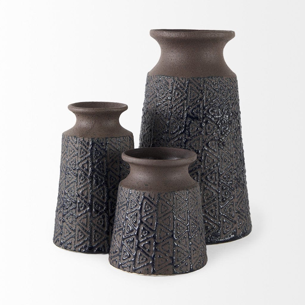 6" Brown and Blue Tribal Ceramic Vase - Image 3