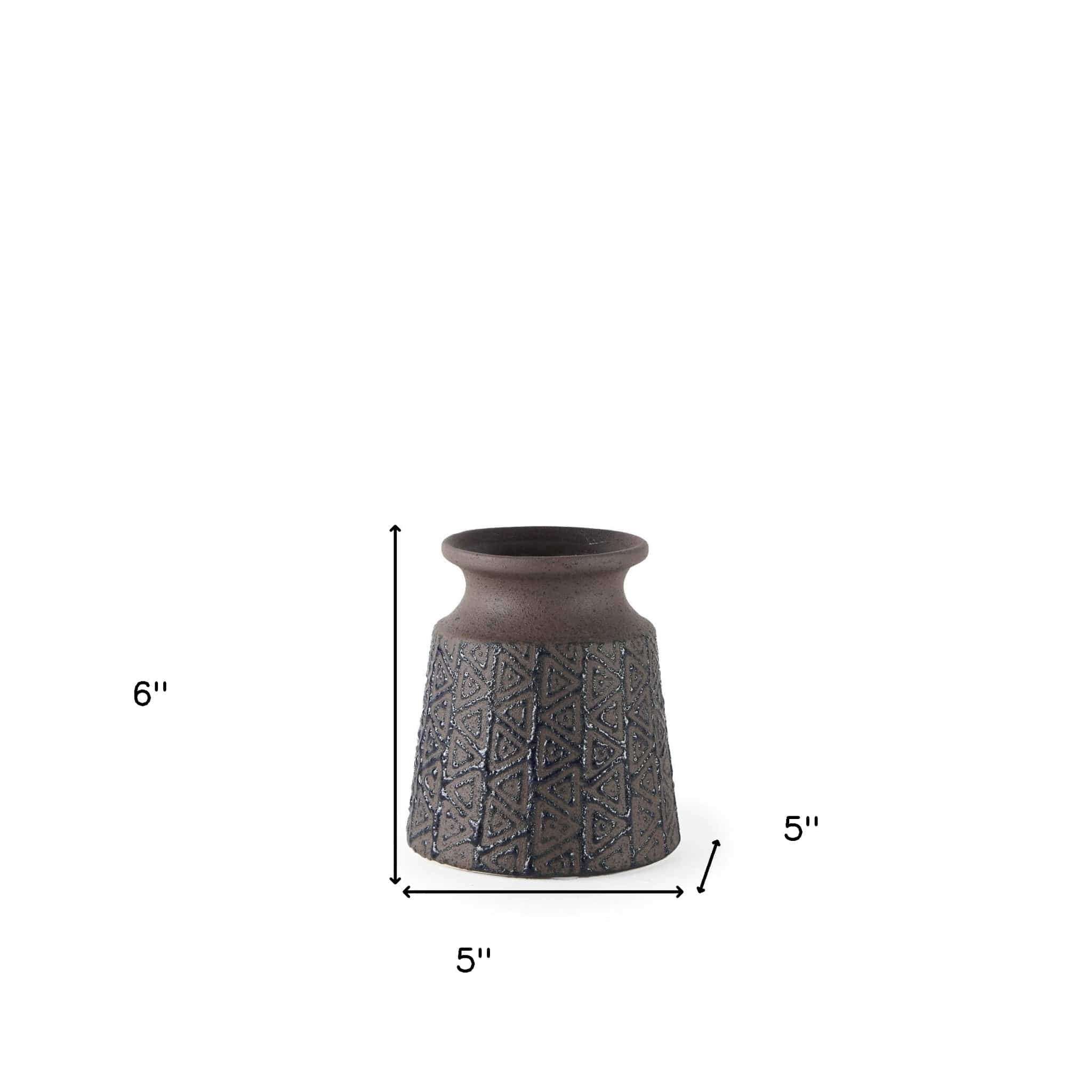 6" Brown and Blue Tribal Ceramic Vase - Image 9