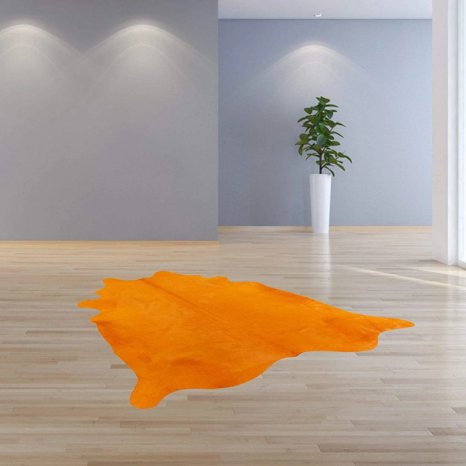 6 Ft Vibrant Orange Stenciled Cowhide Rug - Image 4