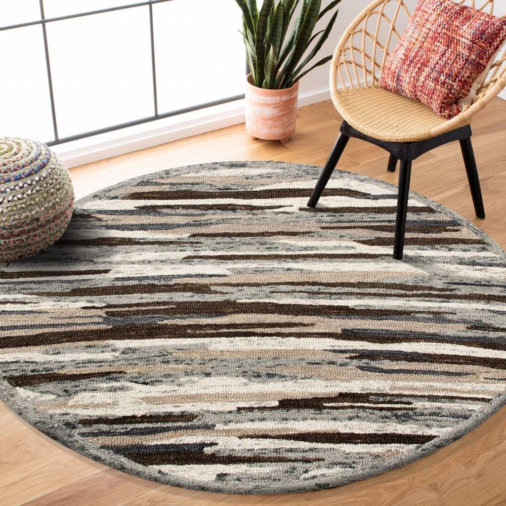 6' Gray And Brown Round Wool Hand Tufted Area Rug - Image 4
