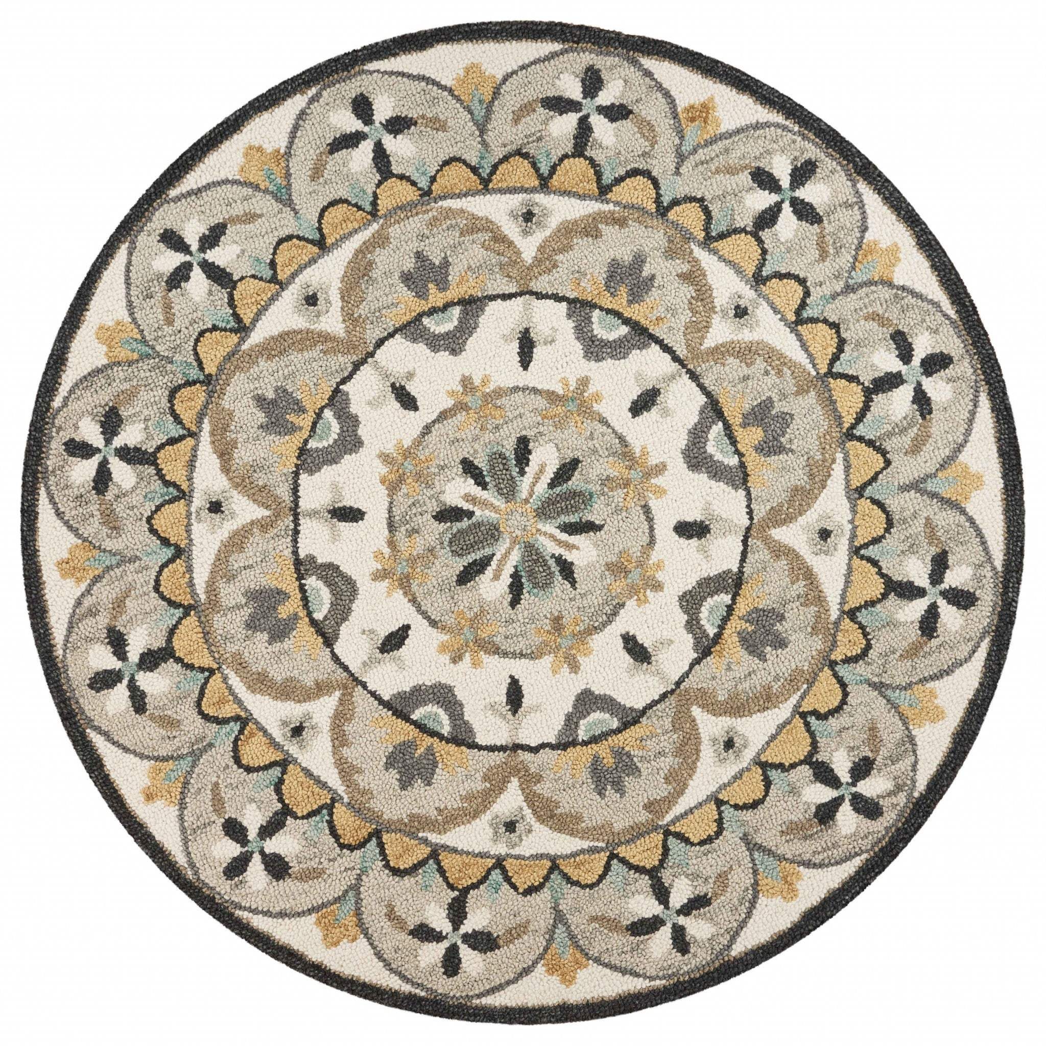 6' Gray and Ivory Round Wool Floral Handmade Area Rug - Image 2