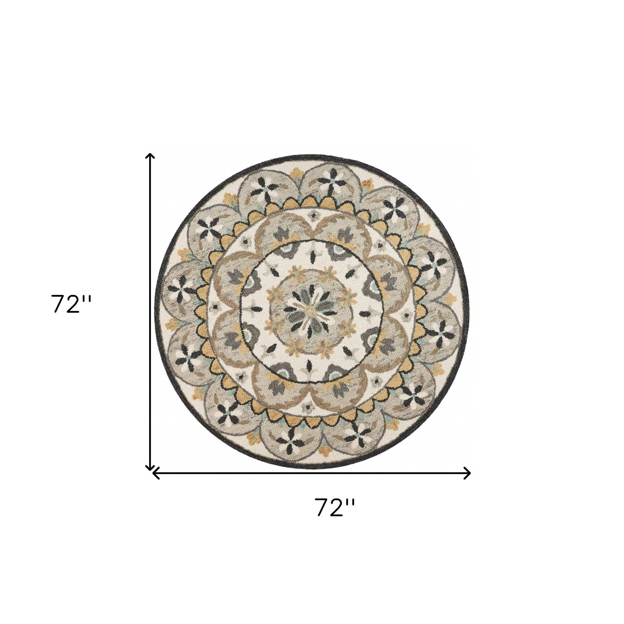 6' Gray and Ivory Round Wool Floral Handmade Area Rug - Image 3