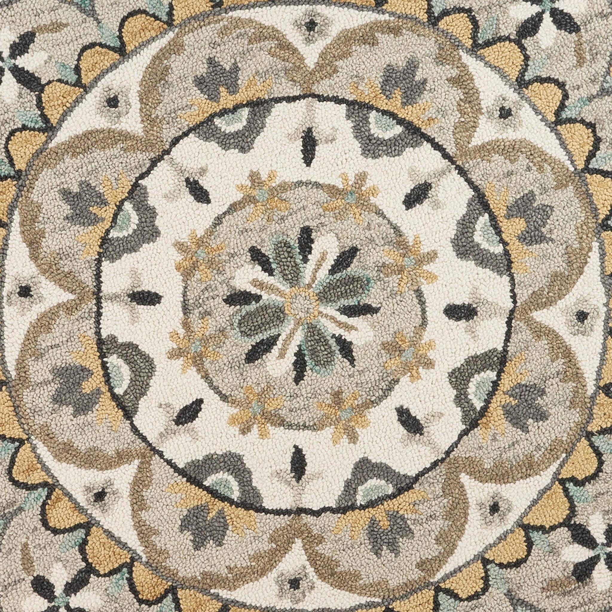 6' Gray and Ivory Round Wool Floral Handmade Area Rug - Image 4