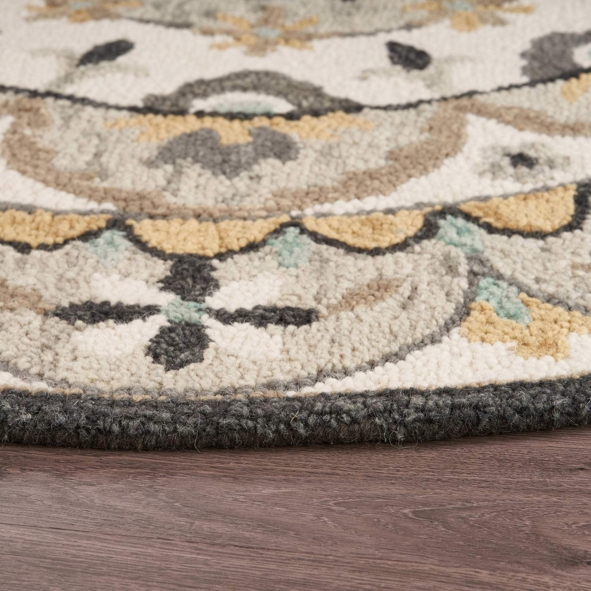 6' Gray and Ivory Round Wool Floral Handmade Area Rug - Image 5