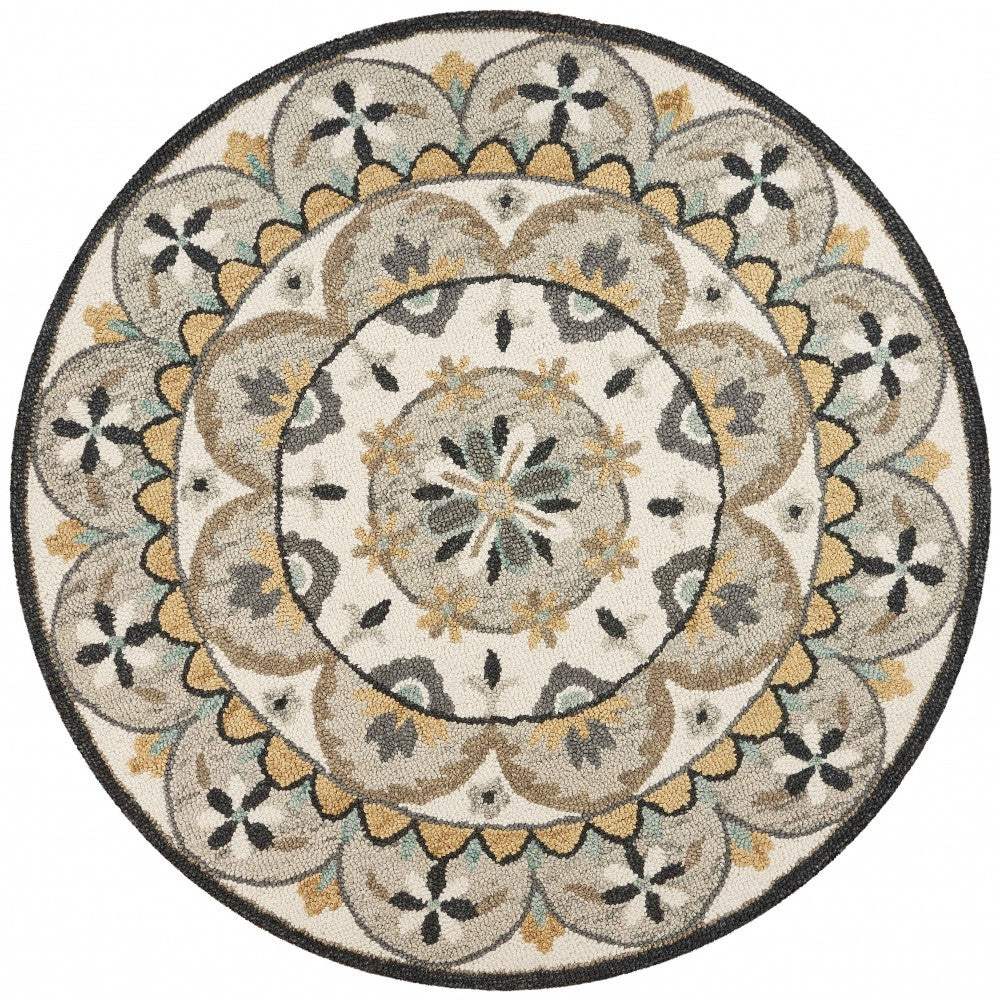 6' Gray and Ivory Round Wool Floral Handmade Area Rug - Image 8