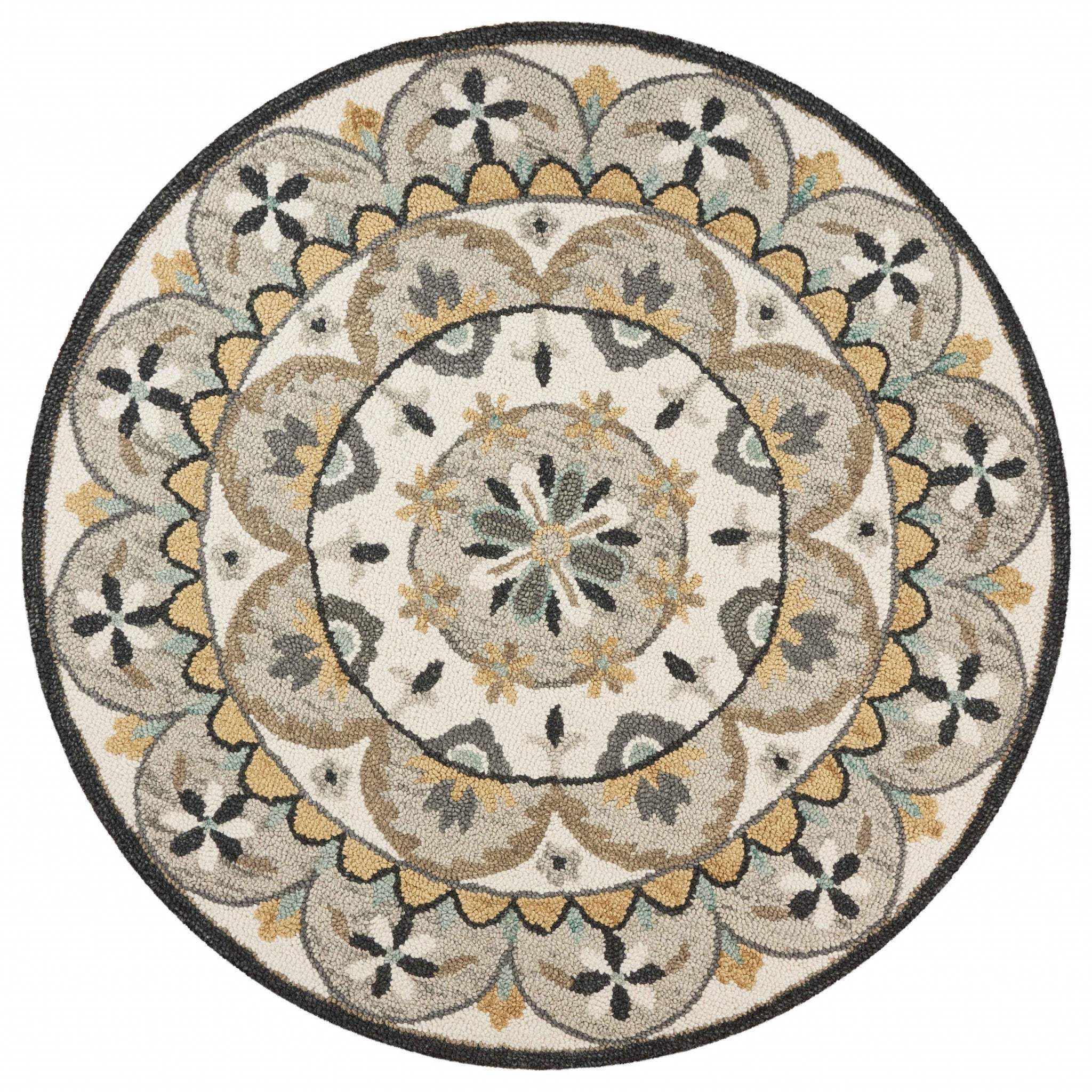 6' Gray and Ivory Round Wool Floral Handmade Area Rug - Image 9